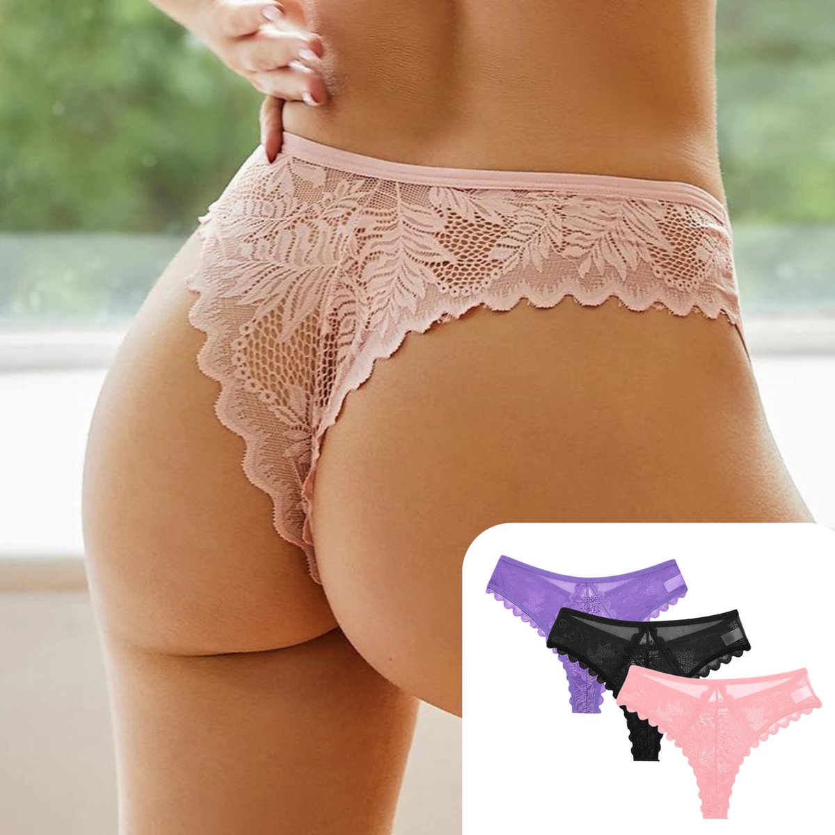 3 Pack - Sexy Brazilian Dames String - Kant - Paars, Roze en Zwart - Dames Lingerie / Ondergoed Set - Maat XL