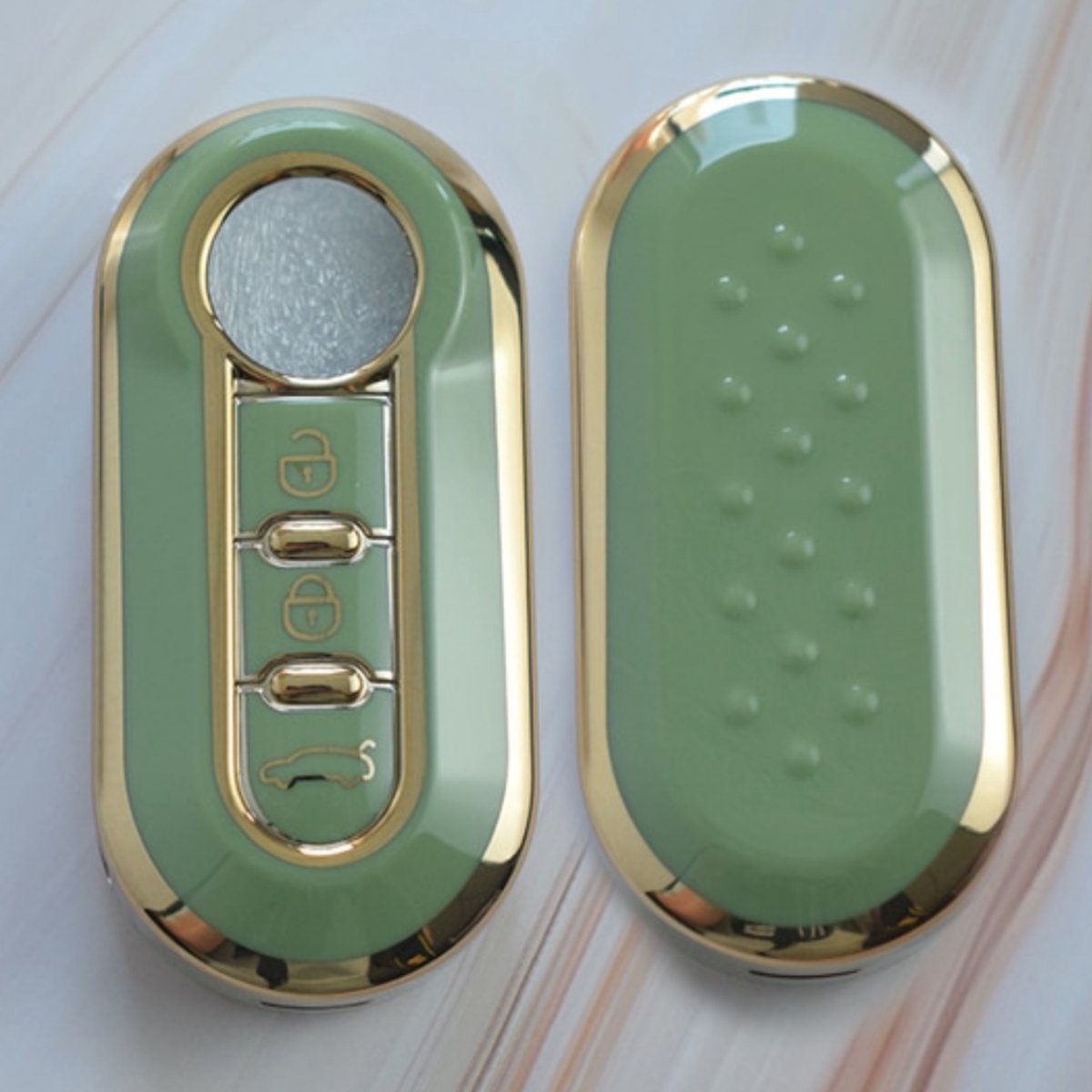 Zachte TPU Sleutelcover - Sleutelhoesje Geschikt voor Fiat 500 / 500L / 500X / 500C / Abarth / Panda / Punto / Stilo - Groen met Goud Metallic - Sleutel Hoesje Cover - Auto Accessoires