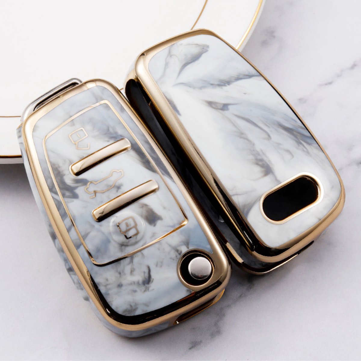 Zachte TPU Sleutelcover - Sleutelhoesje Geschikt voor Audi A1 / A3 / A5 / A6 / Q3 / Q5 / S3 / S5 / RS - Marmer Grijs Goud - Sleutel Hoesje Cover - Auto Accessoires