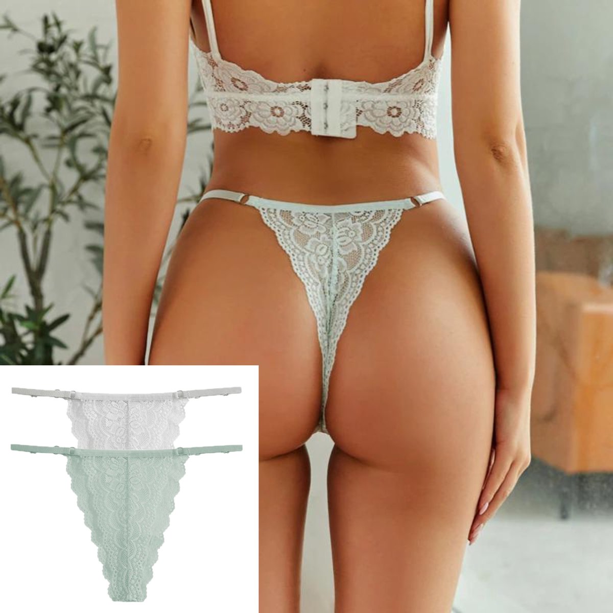 Luxe Dames String met Kant - 2 Stuks - Wit & Mintgroen - Intieme Lingerie Dames / Ondergoed Set Vrouw - High Waist - Maat M