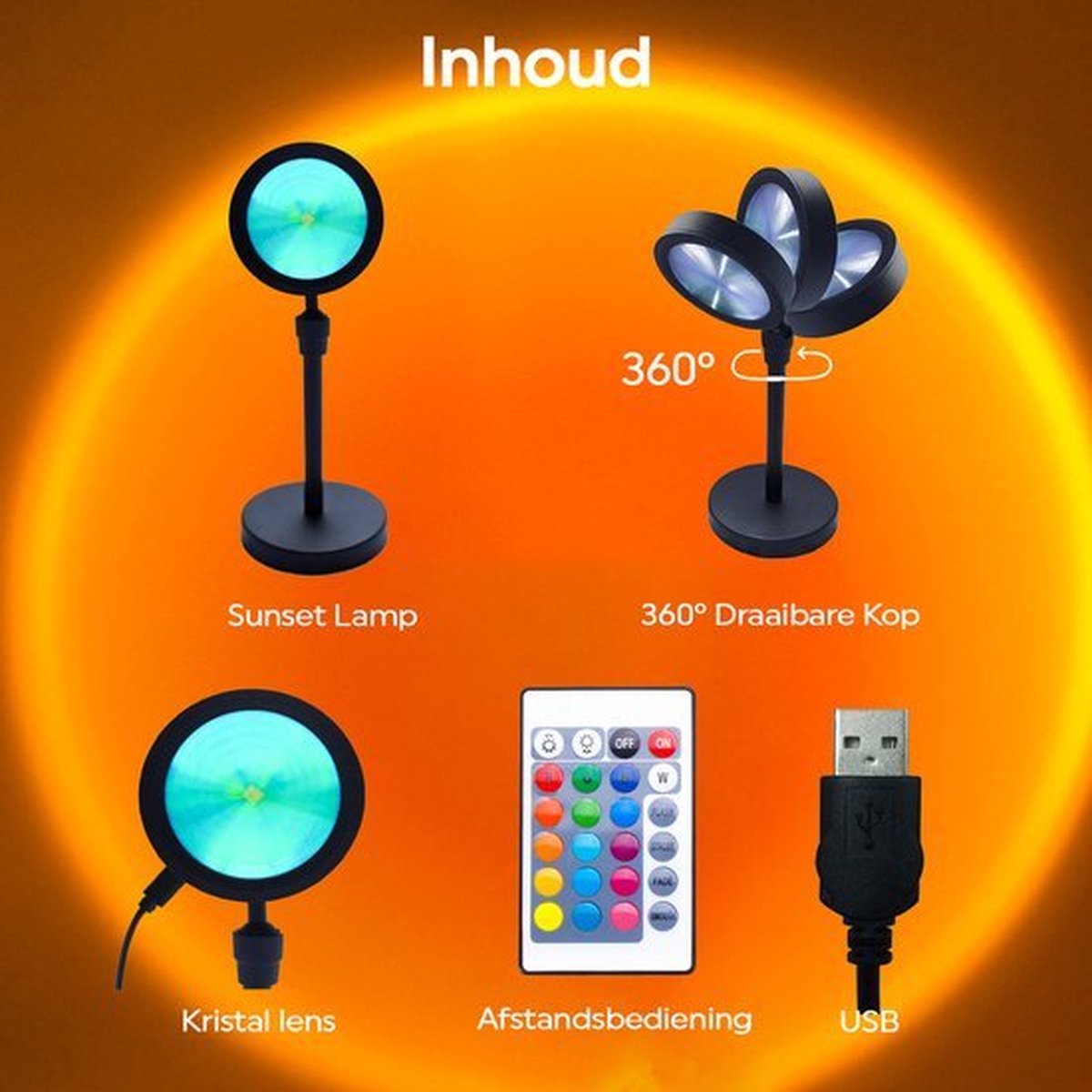 Sunset Lamp - Set van 5 - Projector lamp - 16 Kleuren - TikTok Lamp - Sfeerverlichting - Zonsondergang Lamp - LED LAMP - Kerst cadeau - Kamer Decoratie - Cadeau voor haar & hem- Geschikt voor Feesten - Verjaardag cadeau - Geslaagd cadeau