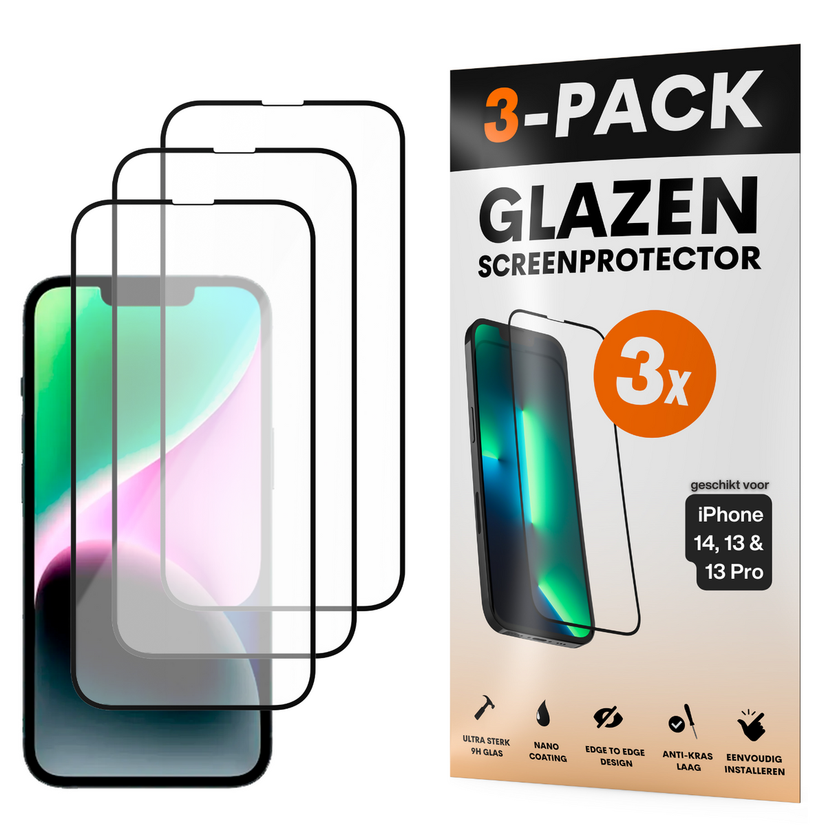 Screenprotector - Geschikt voor iPhone 16E / 14 / 13 / 13 Pro - Gehard Glas - Full Cover Tempered Glass - Case Friendly - 3 Pack