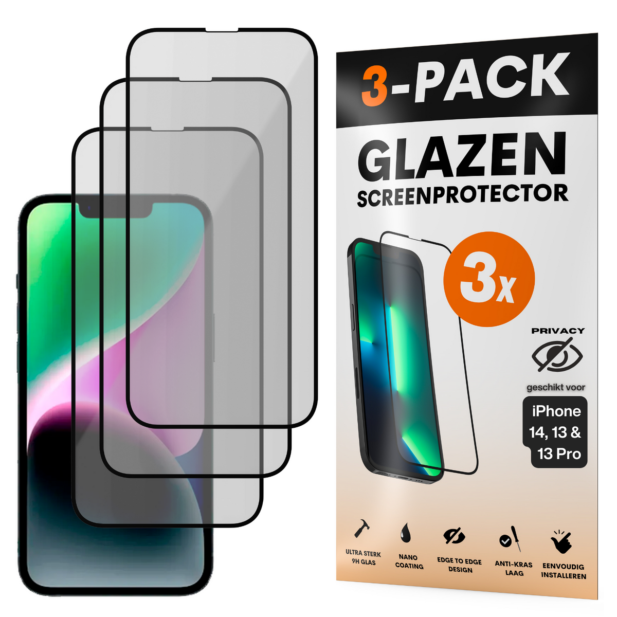 Privacy Screenprotector - Geschikt voor iPhone 16E / 14 / 13 / 13 Pro - Gehard Glas - Full Cover Tempered Privacy Glass - Case Friendly - 3 Pack