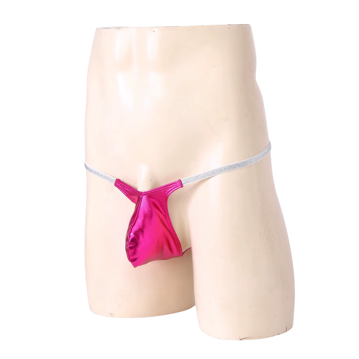 Heren Glanzende G-String – Donkerroze - Sexy Roze Pouch Ondergoed - Mini String - Smalle Zilveren Bandjes - Lage Taille & Hoge Elasticiteit – Ondergoed / Onderbroek / Slip - Mannen Lingerie - One Size