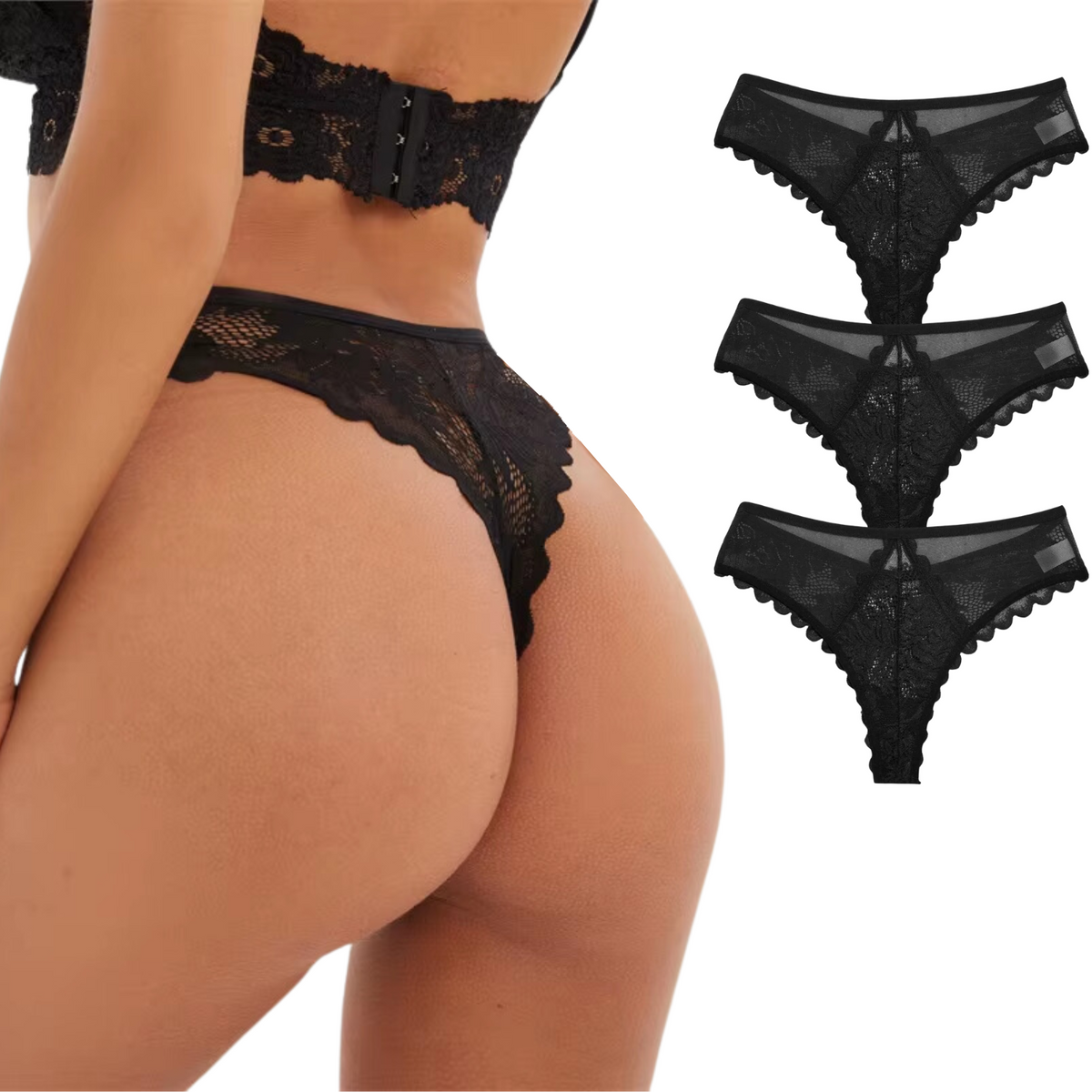 Sexy Brazilian Dames String - Kant - Set van 3 - Zwart - Dames Lingerie / Ondergoed - Maat S