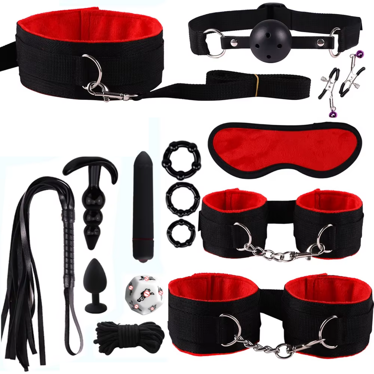 15-delige BDSM Sex Speeltjes Set - Erotische Bondage Set met Vibrator, Handboeien, Buttplugs, Zweep, en Meer - Volwassen Speelgoed voor BDSM Spelletjes en Intiem Spel - Rood