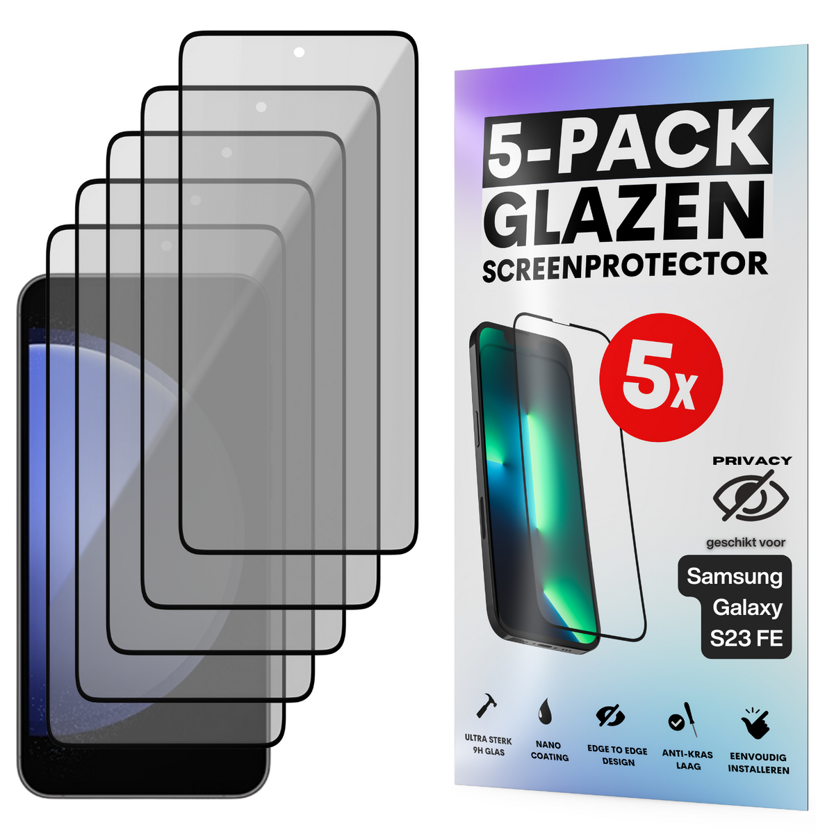 Privacy Screenprotector - Geschikt voor Samsung Galaxy S23 FE - Gehard Glas - Full Cover Tempered Privacy Glass - Case Friendly - 5 Pack