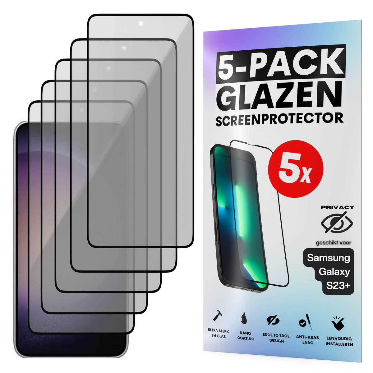 Privacy Screenprotector - Geschikt voor Samsung Galaxy S23+ - Gehard Glas - Full Cover Tempered Privacy Glass - Case Friendly - 5 Pack