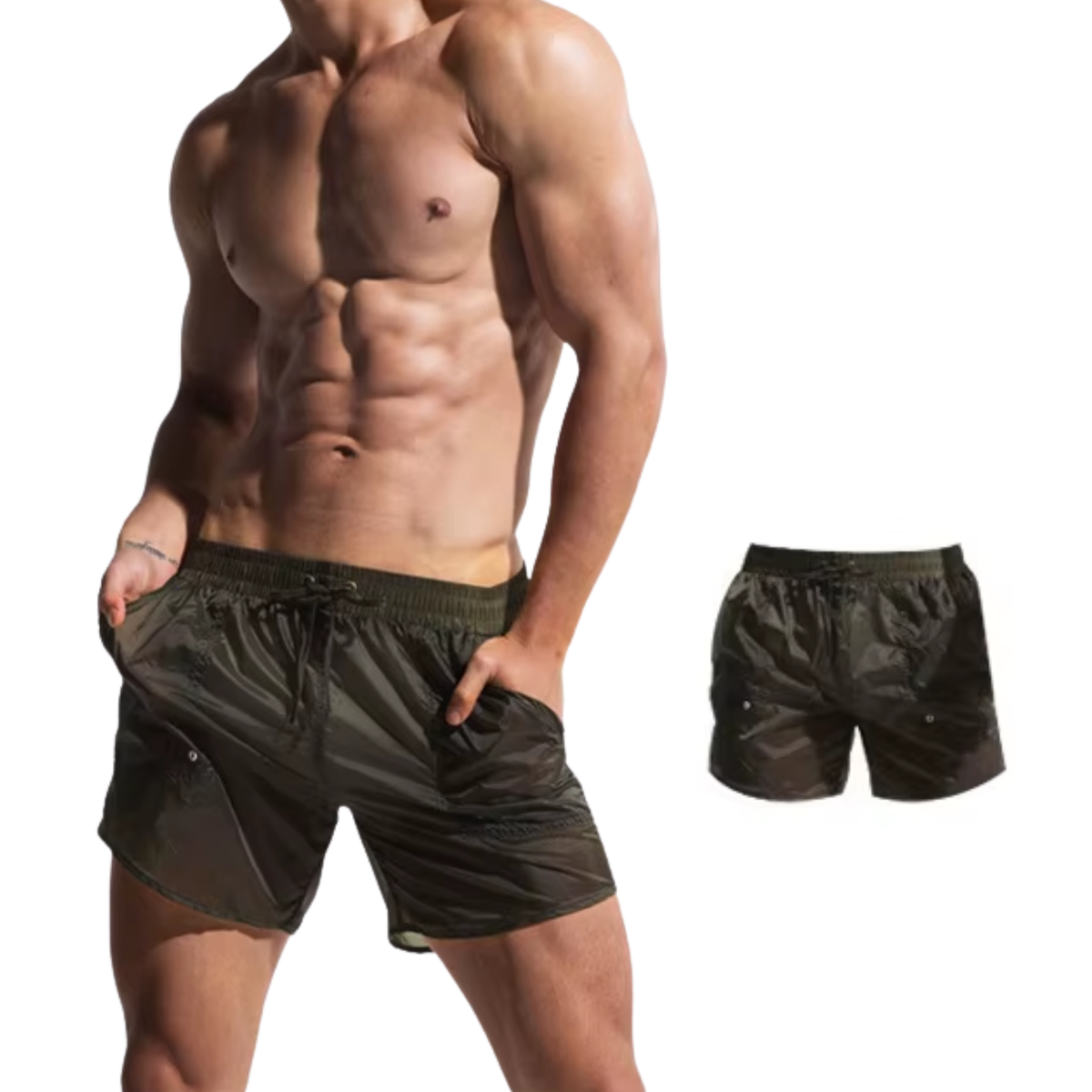 Heren Zwembroek Transparant Donkergoen - Groene Zwemshort - Army Green - Zwem Boxershort - Sexy Transparant Design - Met Zakken & Voering Binnenbroekje - Mannen - Badkleding / Strandkleding / Zwemkleding - Maat XXXL / 3XL