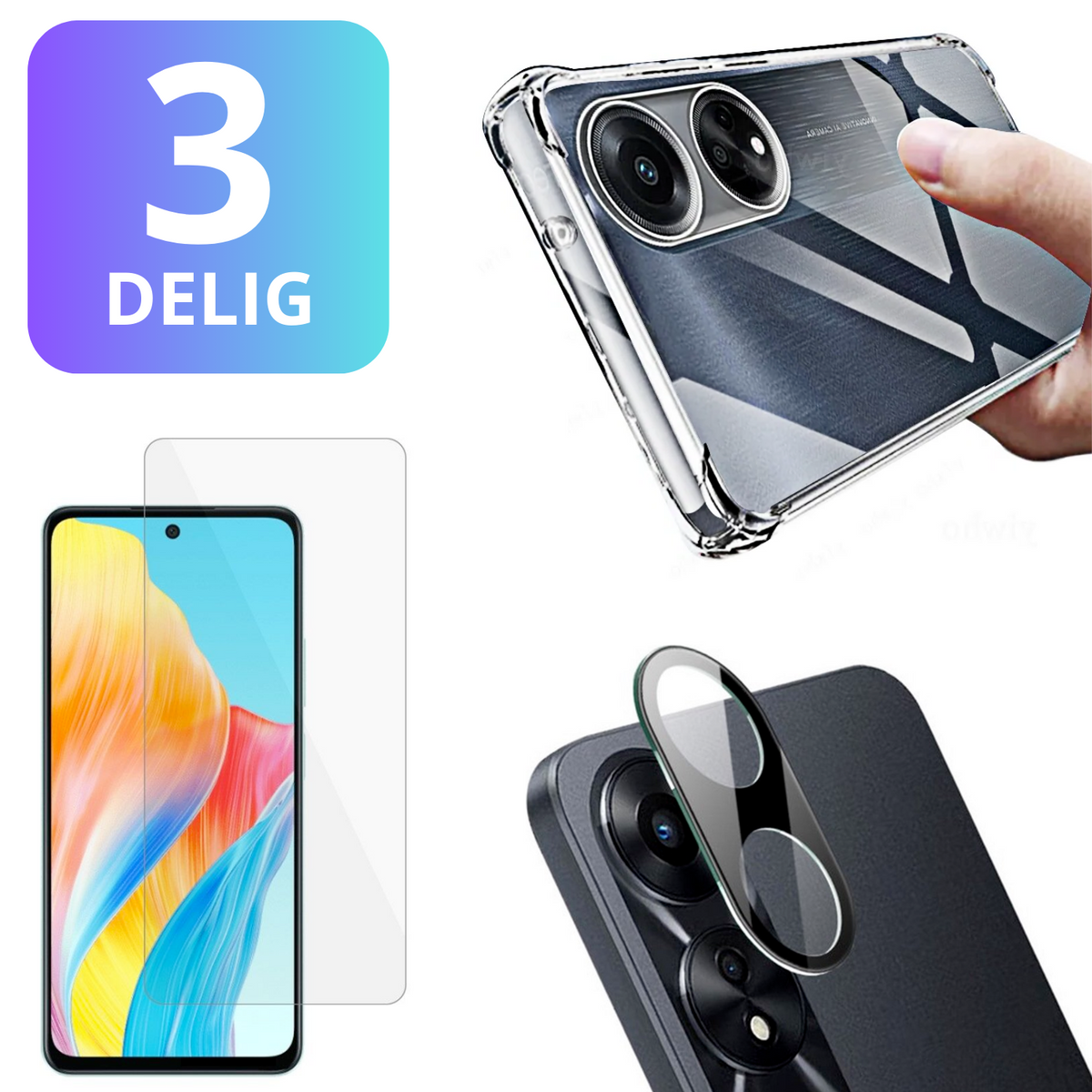 3 in 1 Set Geschikt voor OPPO A58 - Transparant Hoesje + Screenprotector + Cameraprotector - Doorzichtige Shockproof TPU Case - Tempered Glass Screen Protector - Glazen Camerabeschermer - Set van 3