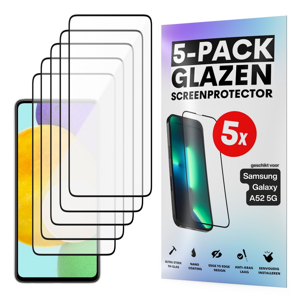 Screenprotector - Geschikt voor Samsung Galaxy A52 5G - Gehard Glas - Full Cover Tempered Glass - Case Friendly - 5 Pack