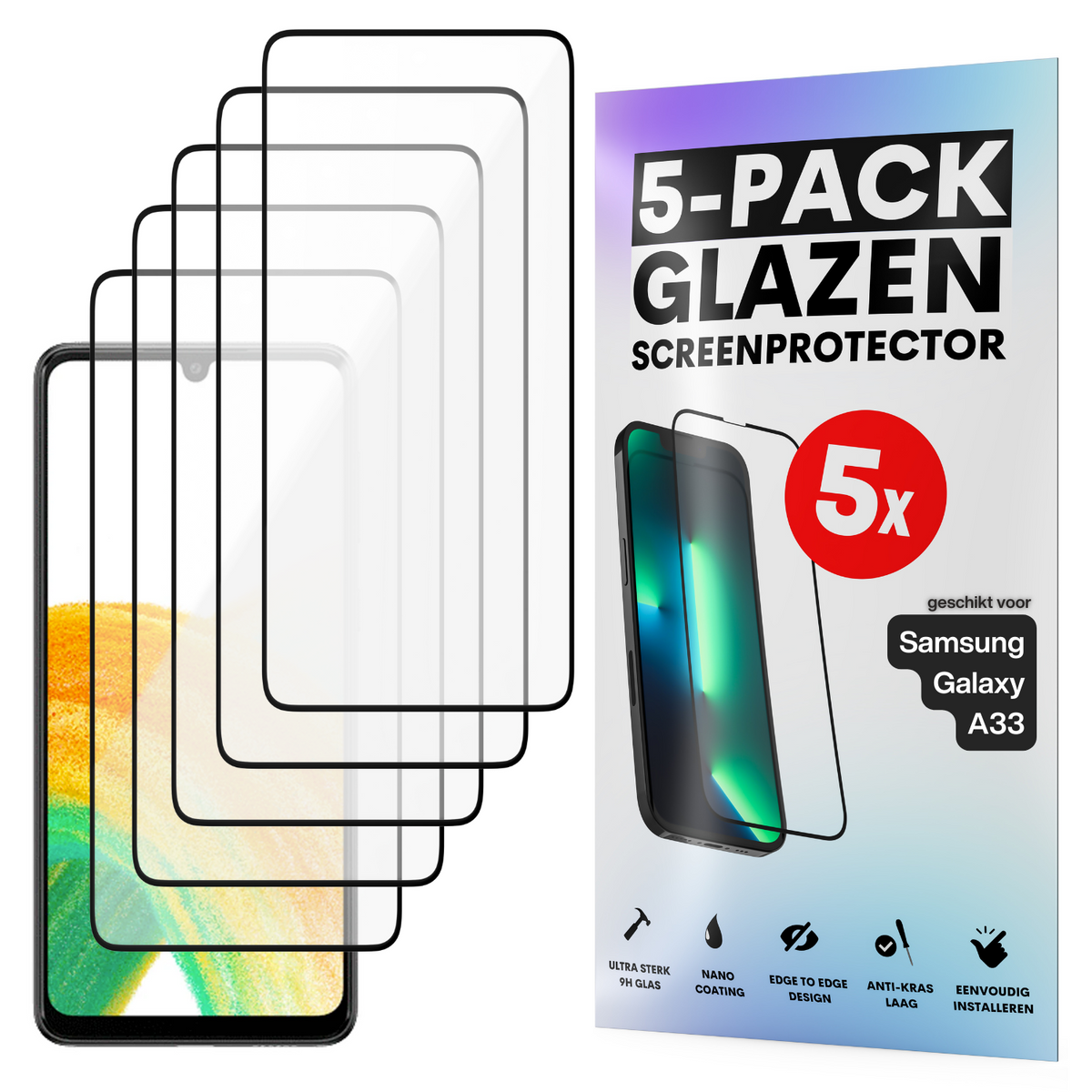 Screenprotector - Geschikt voor Samsung Galaxy A33 - Gehard Glas - Full Cover Tempered Glass - Case Friendly - 5 Pack