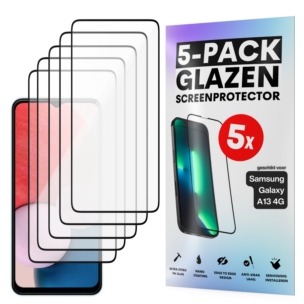 Screenprotector - Geschikt voor Samsung Galaxy A13 4G - Gehard Glas - Full Cover Tempered Glass - Case Friendly - 5 Pack