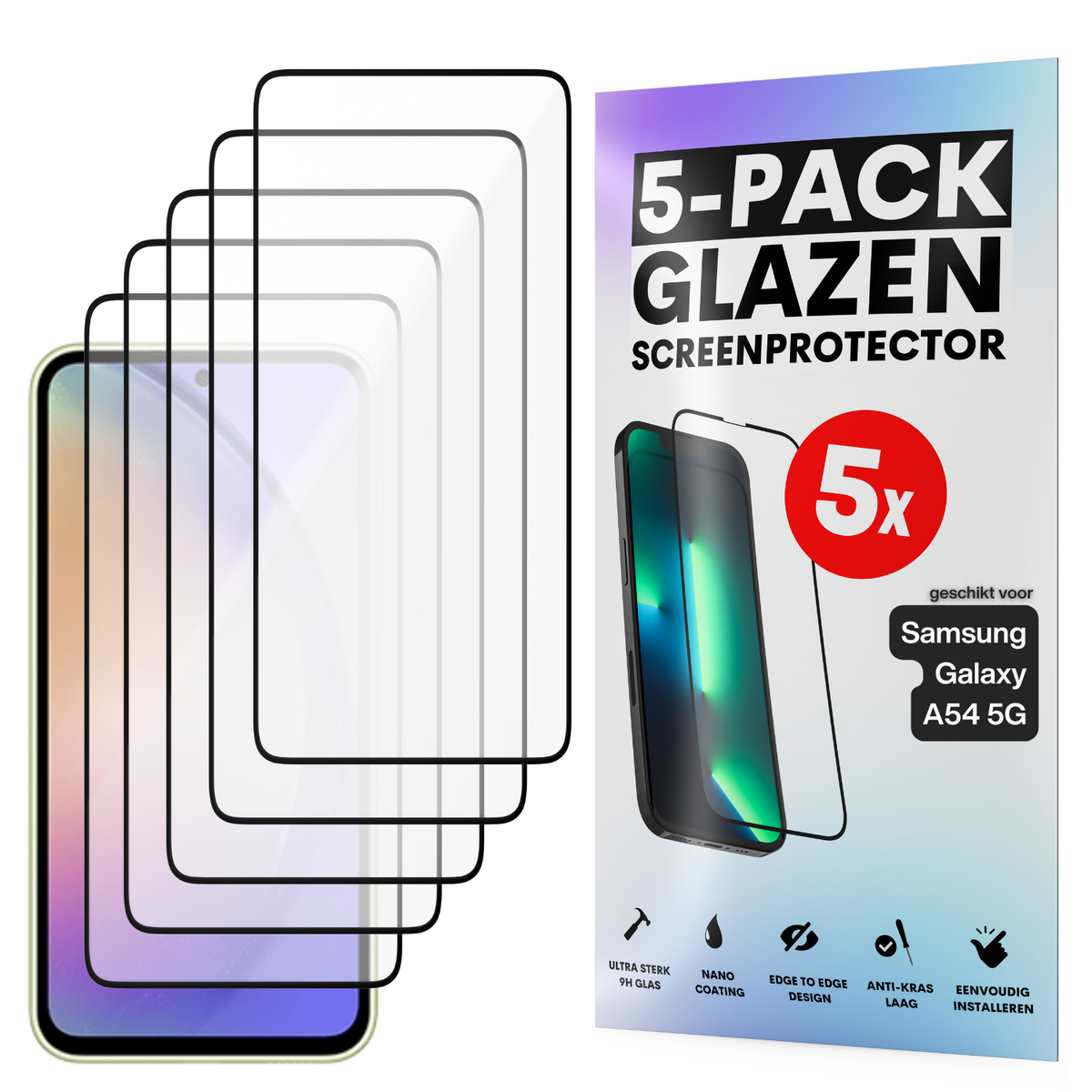 Screenprotector - Geschikt voor Samsung Galaxy A54 5G - Gehard Glas - Full Cover Tempered Glass - Case Friendly - 5 Pack