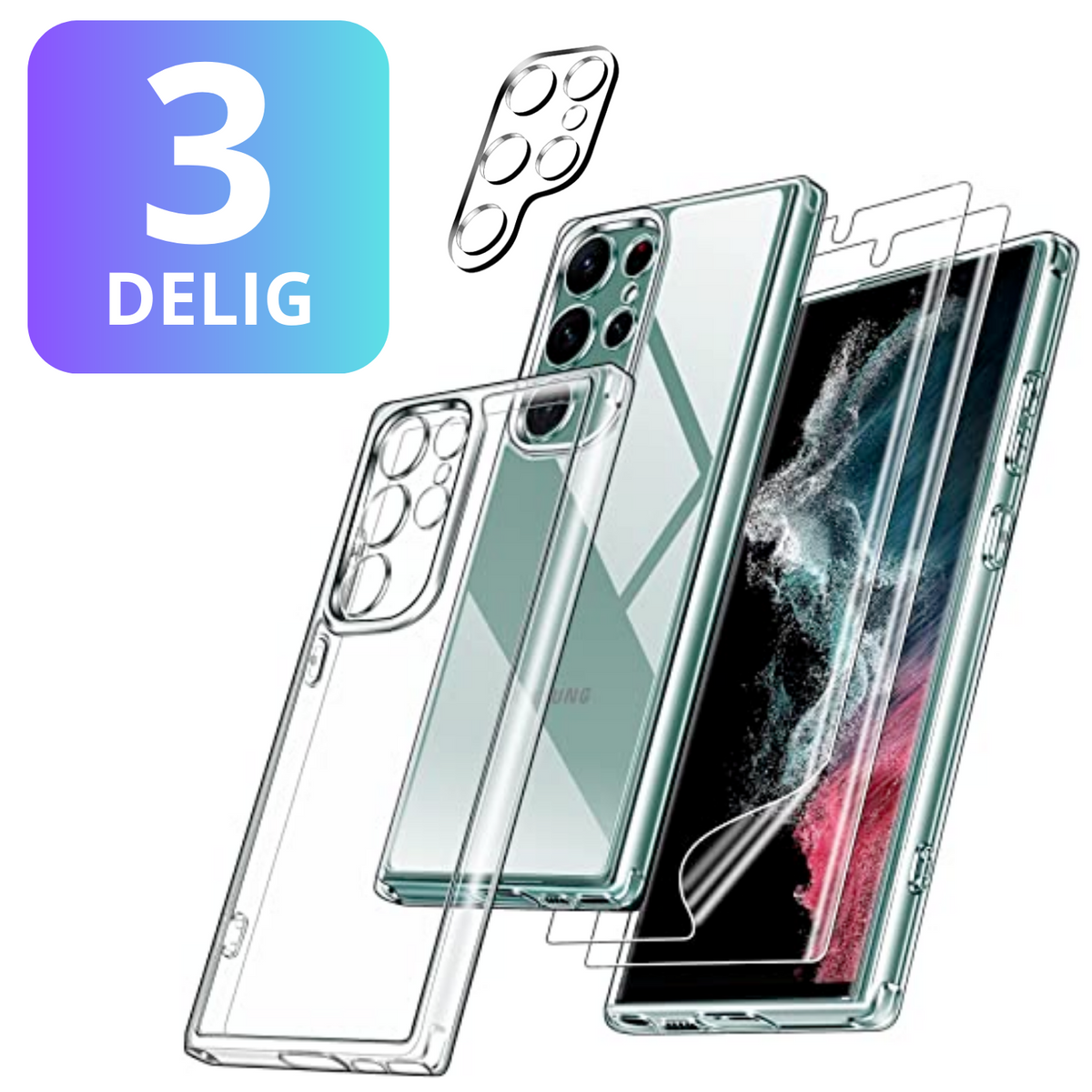 3 in 1 Set Geschikt voor Samsung Galaxy S23 Ultra - Transparant Hoesje + Screenprotector + Cameraprotector - Doorzichtige Shockproof TPU Case - Tempered Glass Screen Protector - Glazen Camerabeschermer - Set van 3