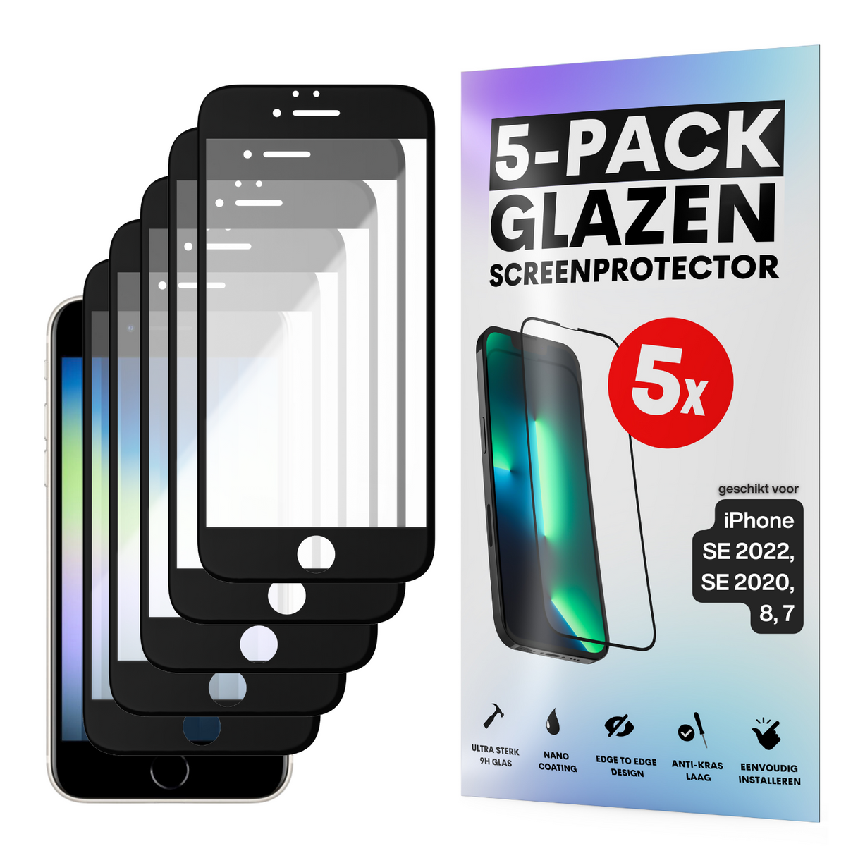 Screenprotector - Geschikt voor iPhone 7 / 8 / SE 2020 - Gehard Glas - Full Cover Tempered Glass - Case Friendly - 5 Pack