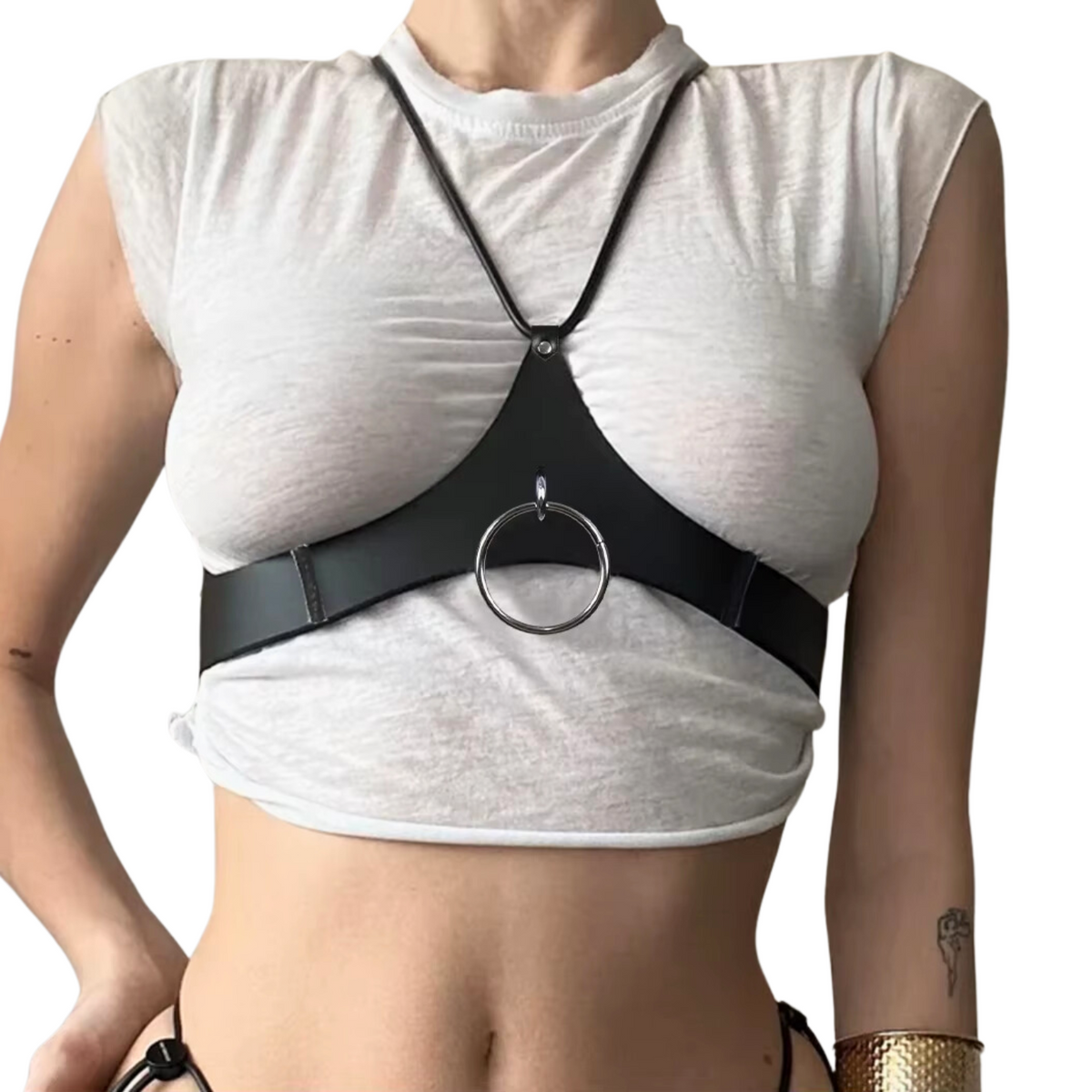 Sexy Harnas voor Dames - Borsten - BDSM Tuigje met Ring - Kunstleder Bondage Lingerie - Verstelbaar - Zwart - Erotisch Riem - Sex Toys