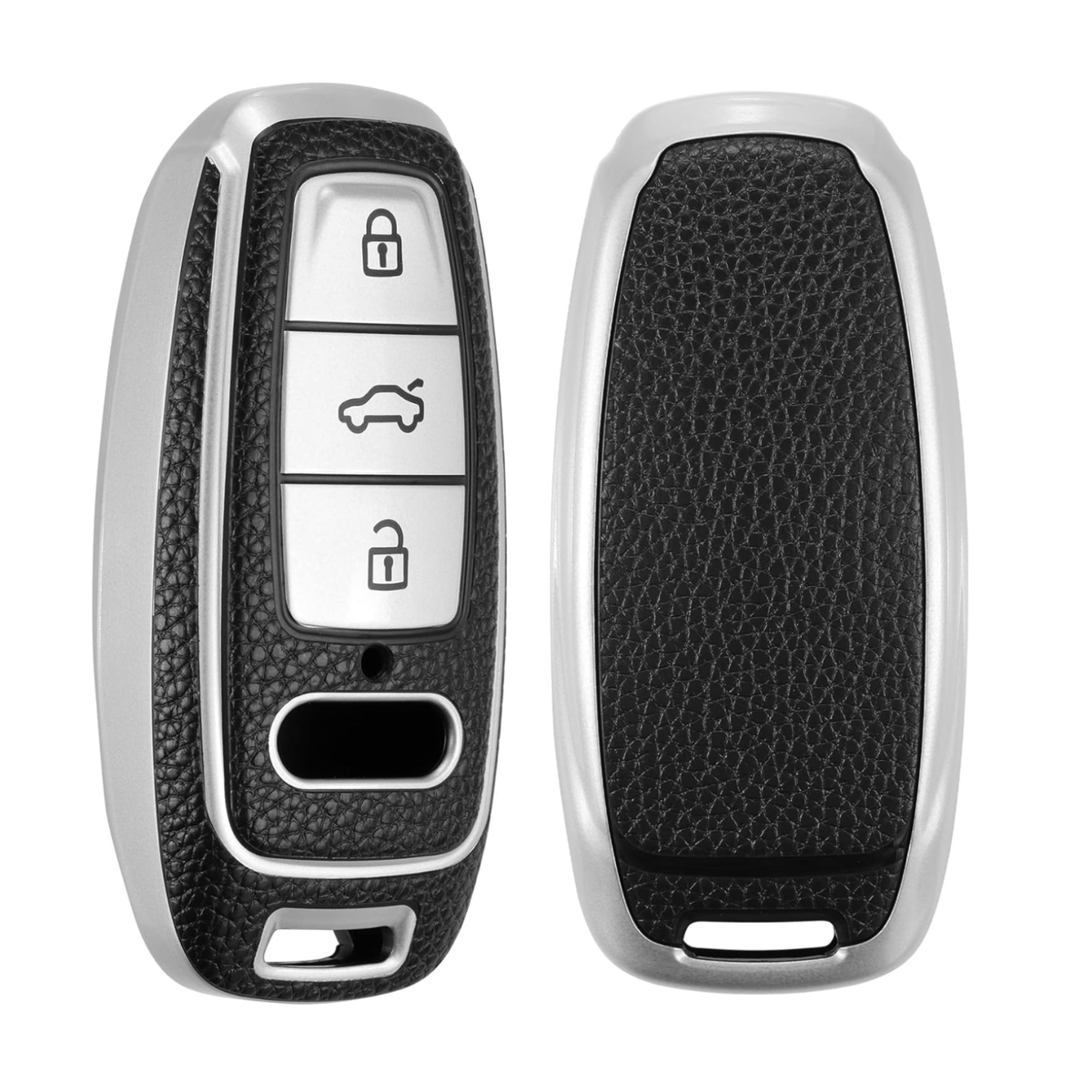 Kunst Leren Sleutelcover - Sleutelhoesje Geschikt voor Audi A3 / A4 / B9 / A6 / C8 / A7 / S7 / 4K / A8 / D5 / S8 / Q7 / Q8 / SQ8 / E-tron / 2018 / 2019 / 2020 / 2021 / 2022 - Zwart met Zilver - Key Cover - Auto Accessoires