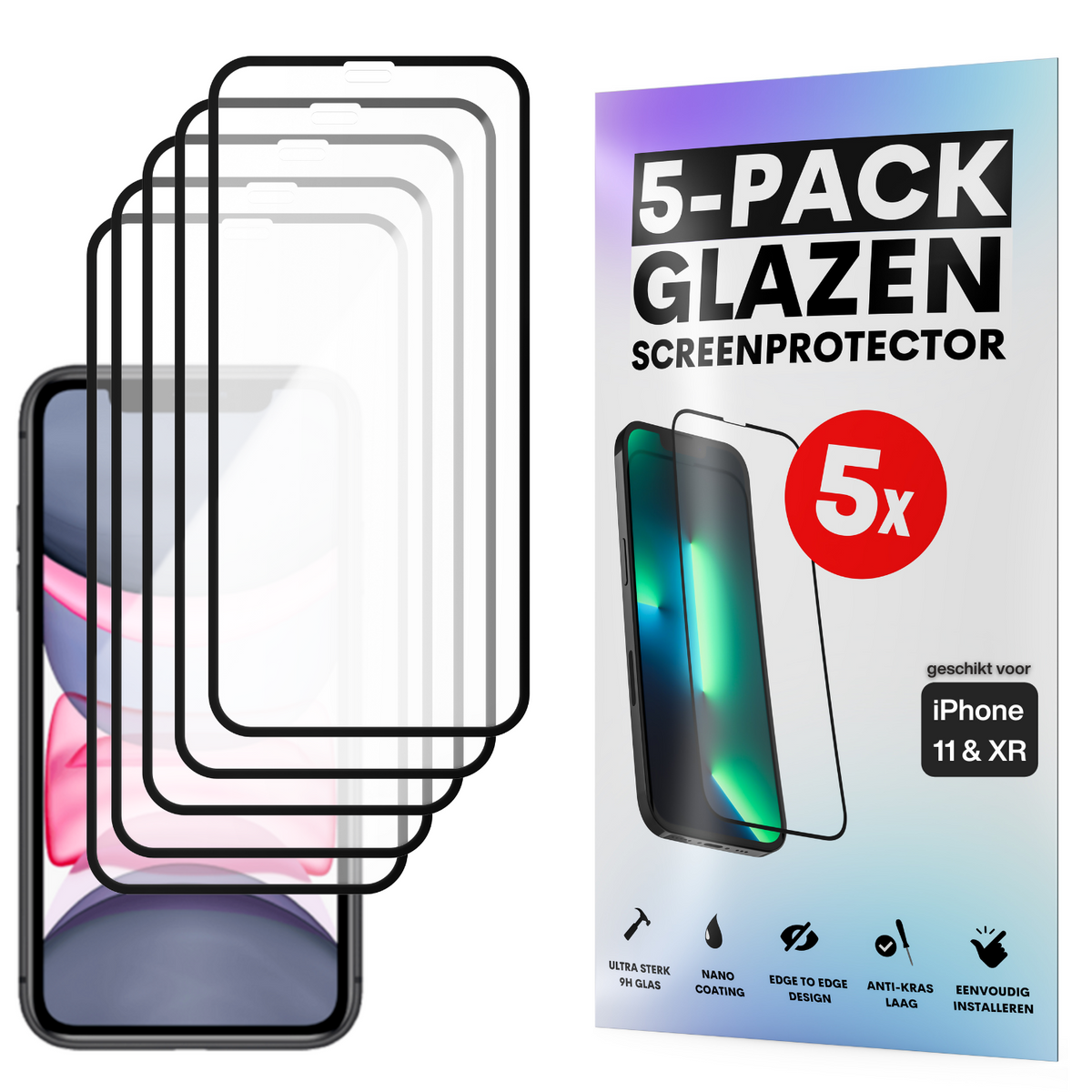 Screenprotector - Geschikt voor iPhone 11 / XR - Gehard Glas - Full Cover Tempered Glass - Case Friendly - 5 Pack