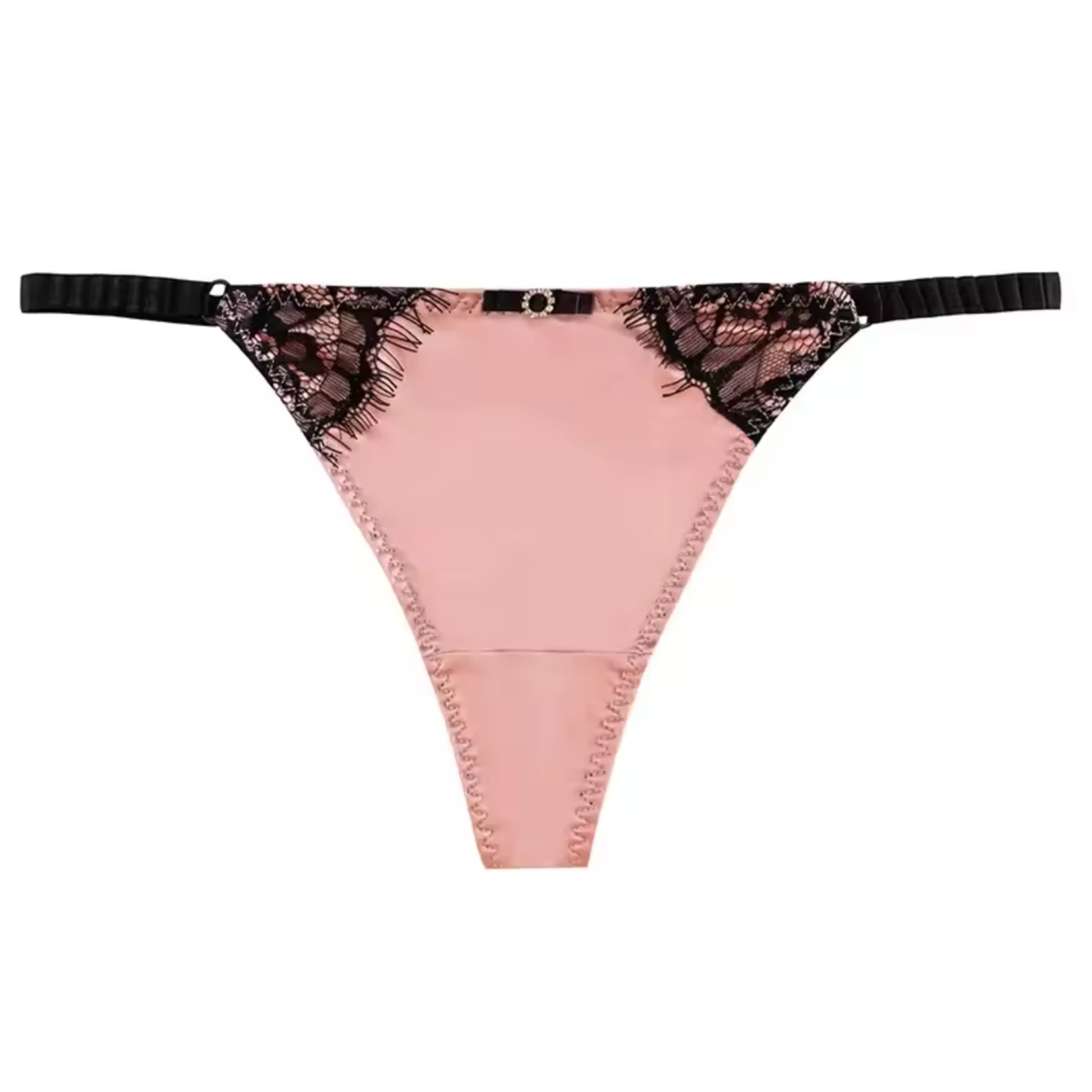 Satijnen Dames String – Licht Roze - Glanzend Satijn & Zacht Kant – Zwart Kant - Sexy Lingerie Voor Vrouwen - Comfortabel Ondergoed - Slips / Onderbroeken - One Size