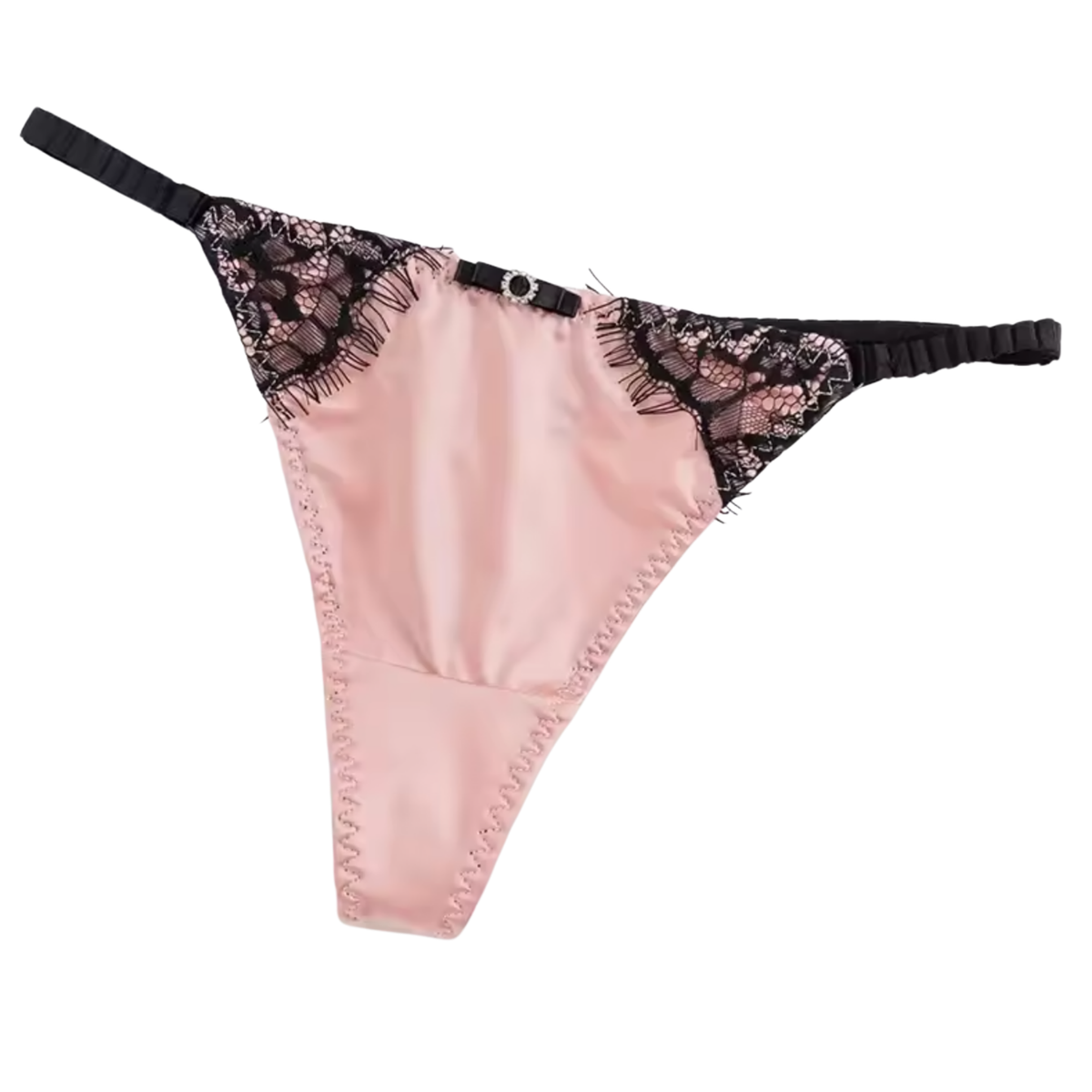 Satijnen Dames String – Licht Roze - Glanzend Satijn & Zacht Kant – Zwart Kant - Sexy Lingerie Voor Vrouwen - Comfortabel Ondergoed - Slips / Onderbroeken - One Size