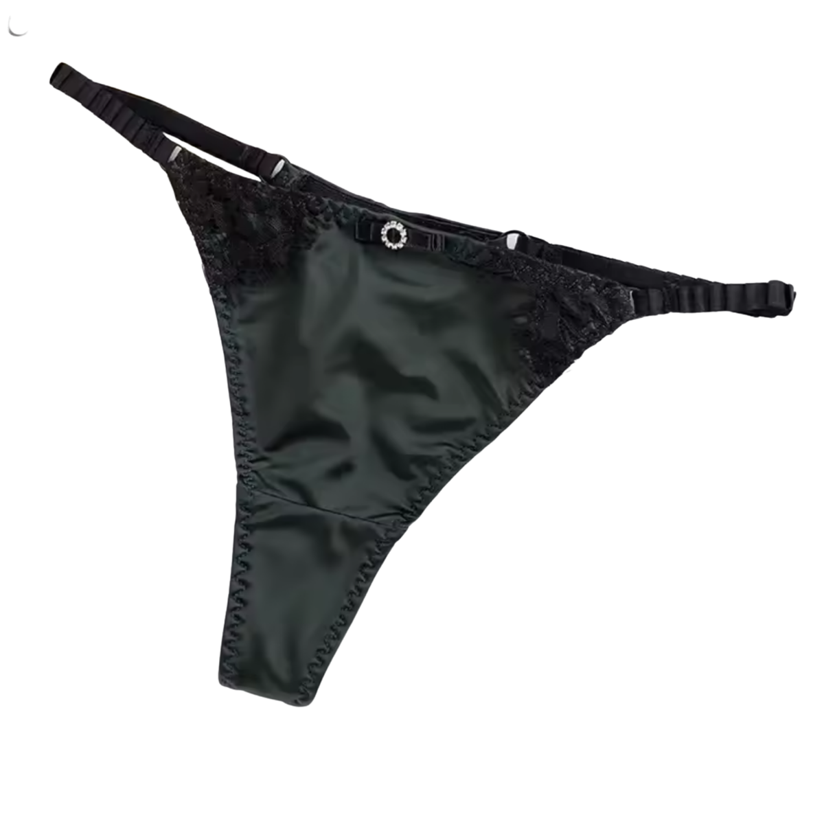 Satijnen Dames String – Donker Groen - Glanzend Satijn & Zacht Kant – Zwart Kant - Sexy Lingerie Voor Vrouwen - Comfortabel Ondergoed - Slips / Onderbroeken - One Size