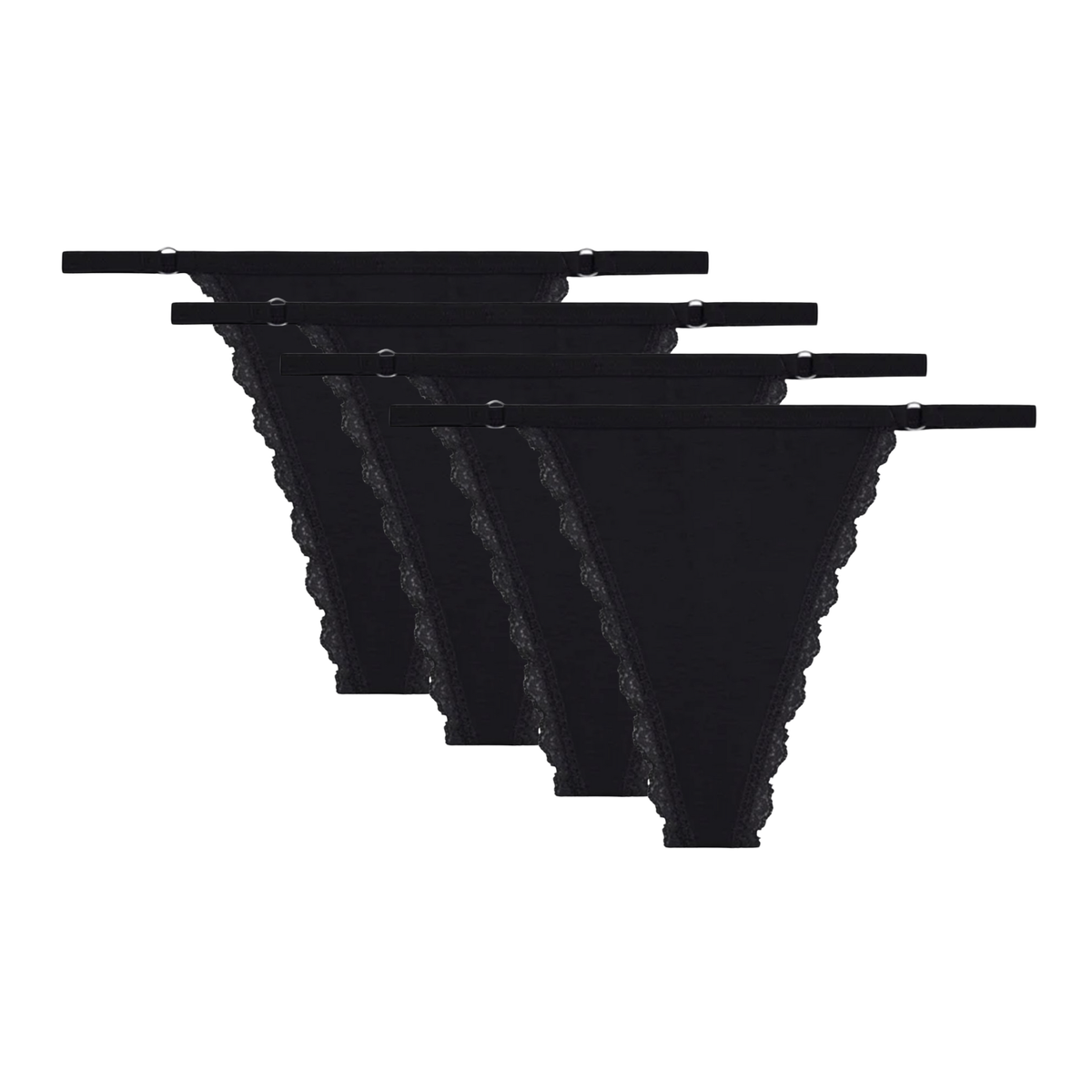 4 Pack - Sexy Zwarte Dames String - Katoen Ondergoed - Kant & Smalle Bandjes - Dames Lingerie / Onderbroek / Slip Set Zwart - Maat M