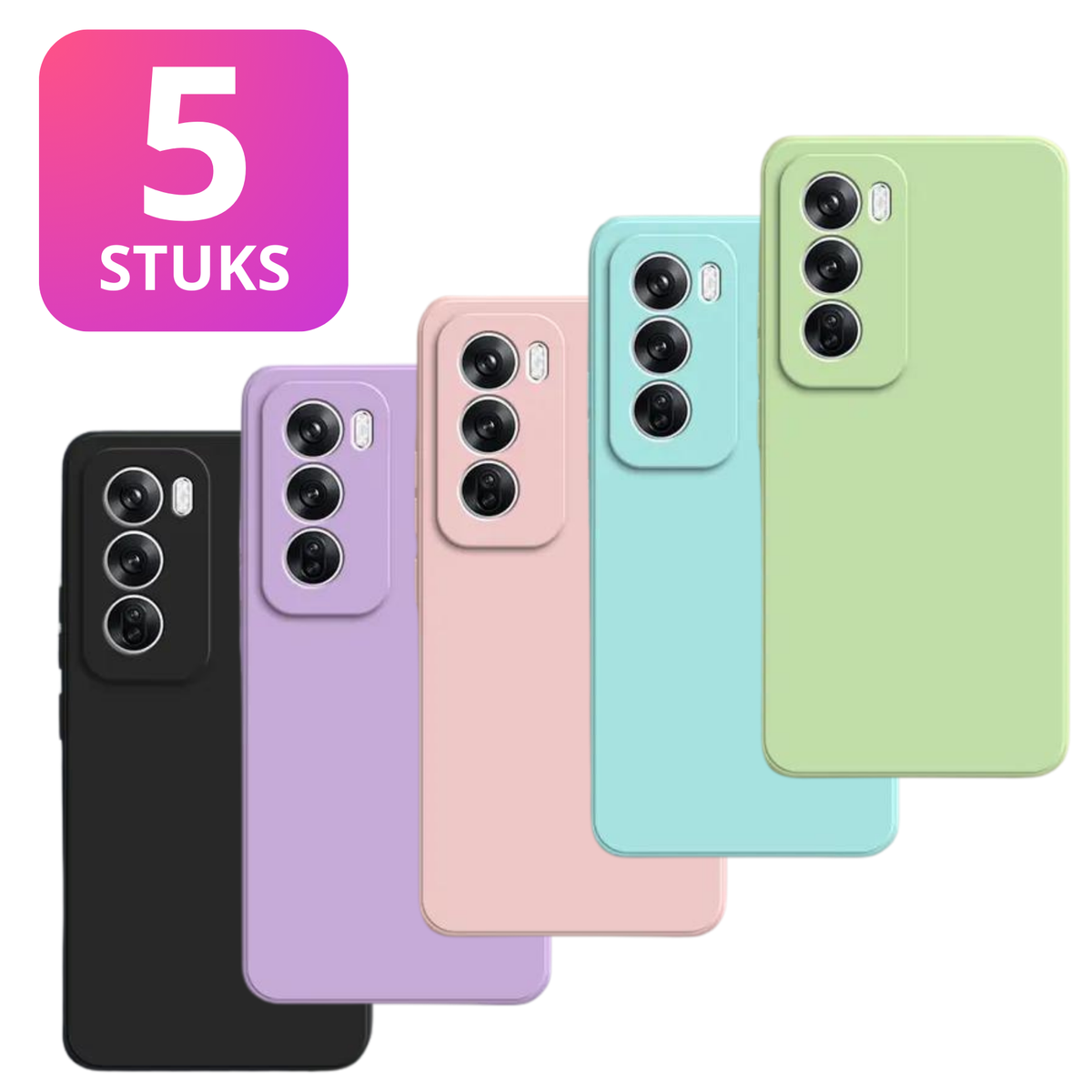 5 Pack - Hoesje Geschikt voor OPPO Reno 12 Pro - 5x Siliconen Shock Proof Case - Stevige TPU Cover - Multipack met Groen, Zwart, Blauw, Roze en Paars