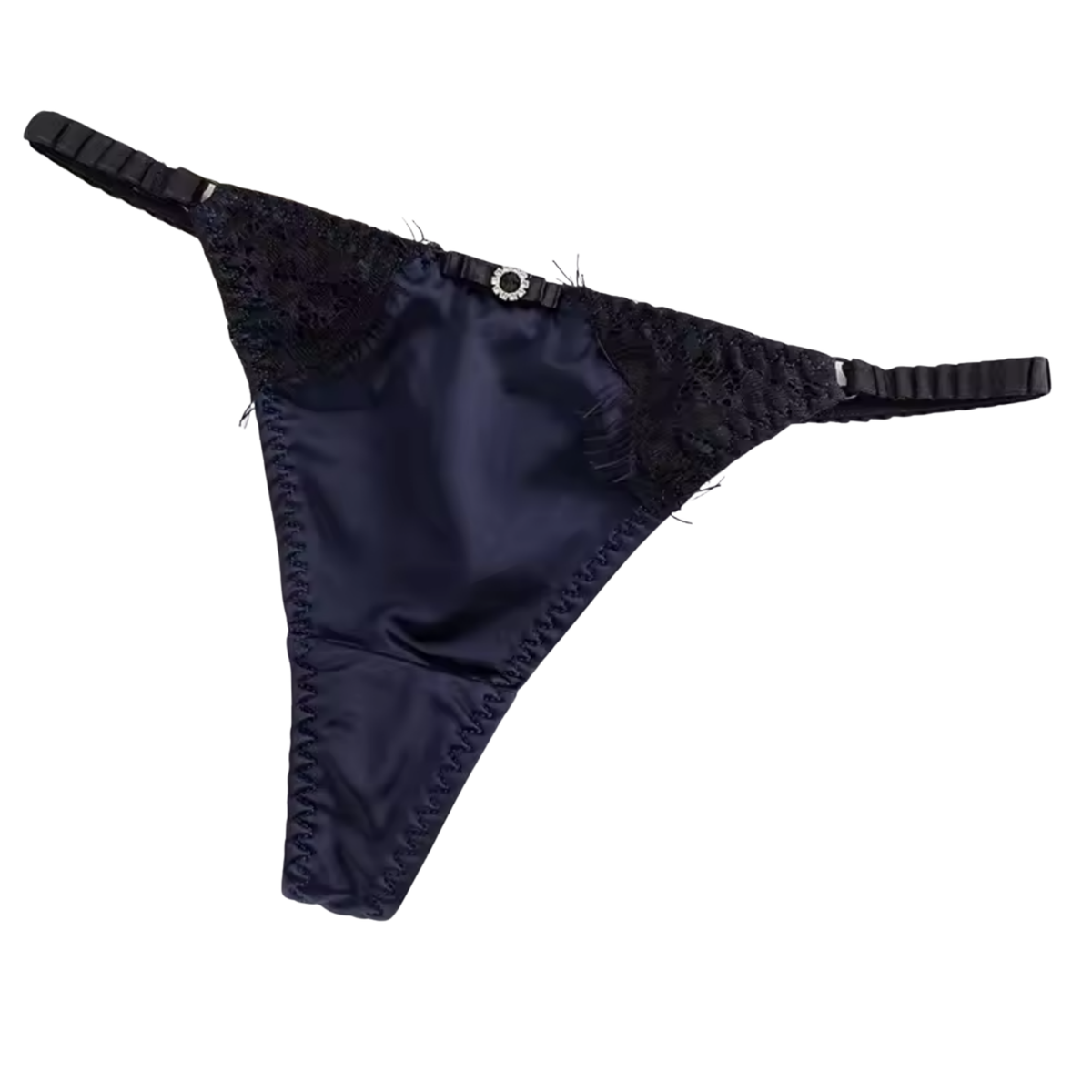 Satijnen Dames String – Donker Blauw - Glanzend Satijn & Zacht Kant – Zwart Kant - Sexy Lingerie Voor Vrouwen - Comfortabel Ondergoed - Slips / Onderbroeken - One Size
