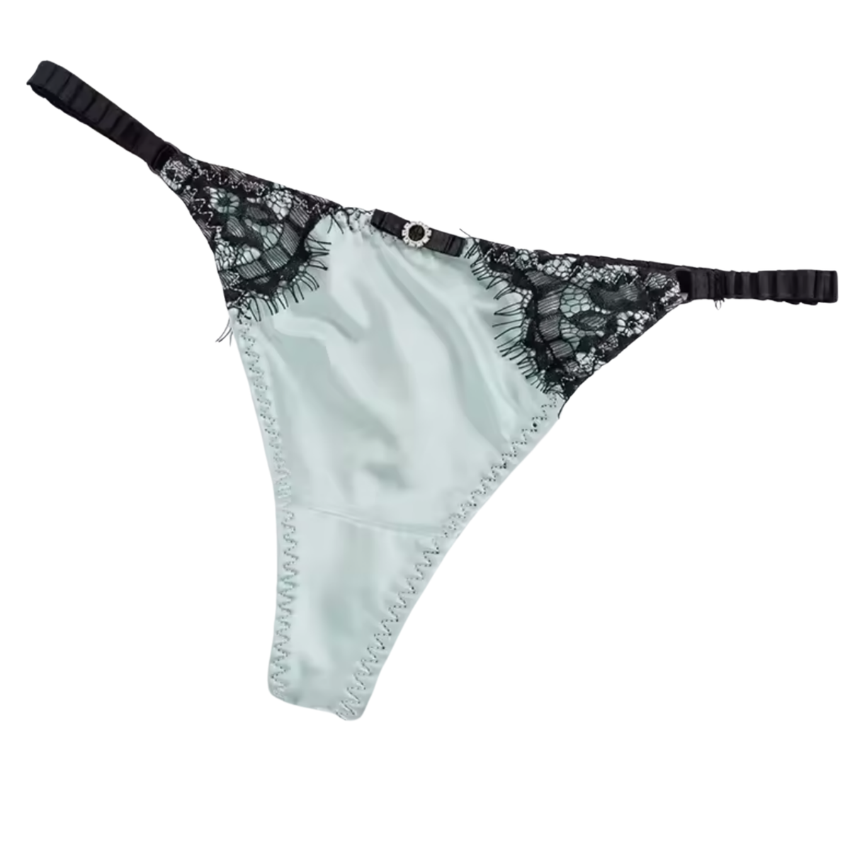 Satijnen Dames String – Licht Groen - Glanzend Satijn & Zacht Kant – Zwart Kant - Sexy Lingerie Voor Vrouwen - Comfortabel Ondergoed - Slips / Onderbroeken - One Size