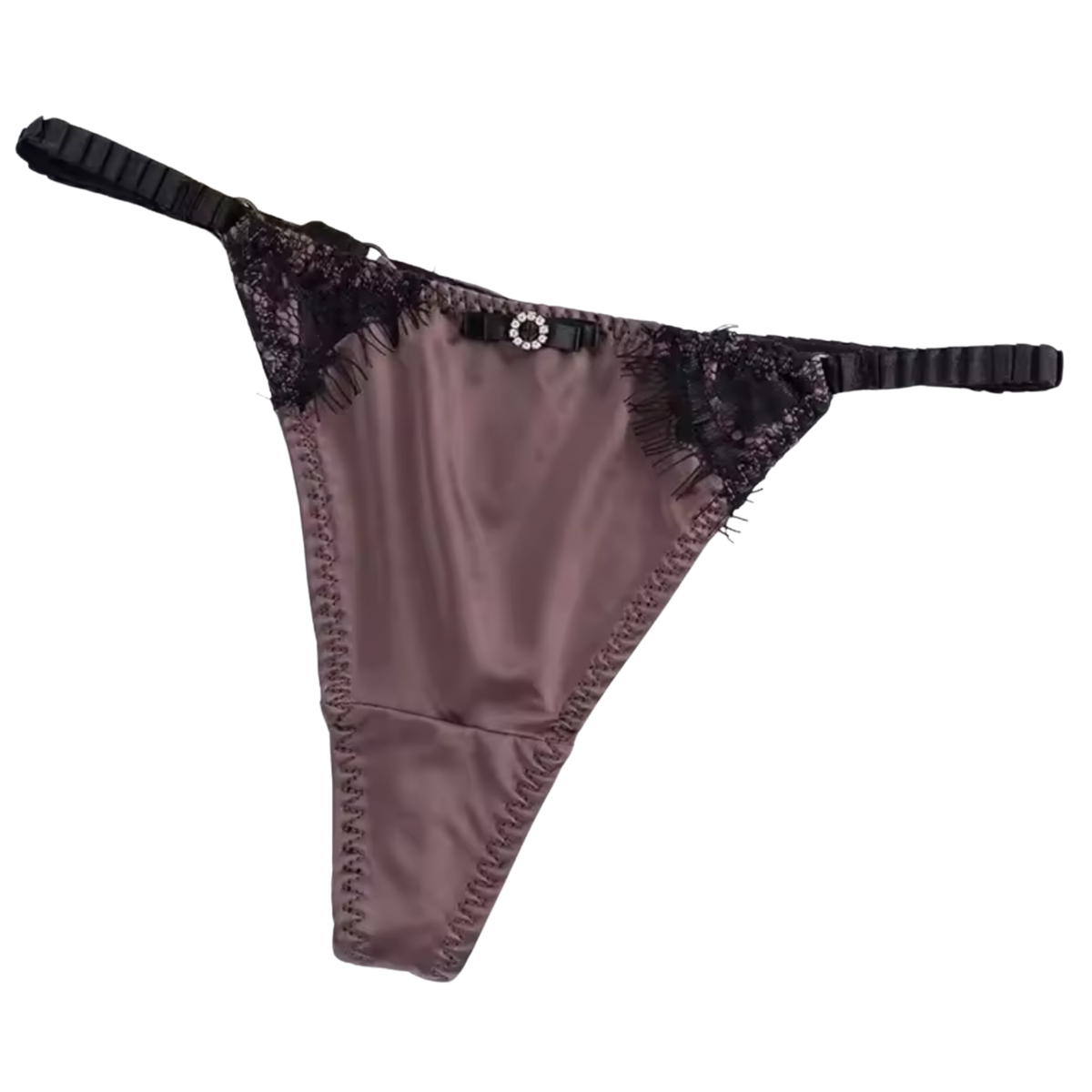 Satijnen Dames String – Donker Bruin - Glanzend Satijn & Zacht Kant – Zwart Kant - Sexy Lingerie Voor Vrouwen - Comfortabel Ondergoed - Slips / Onderbroeken - One Size