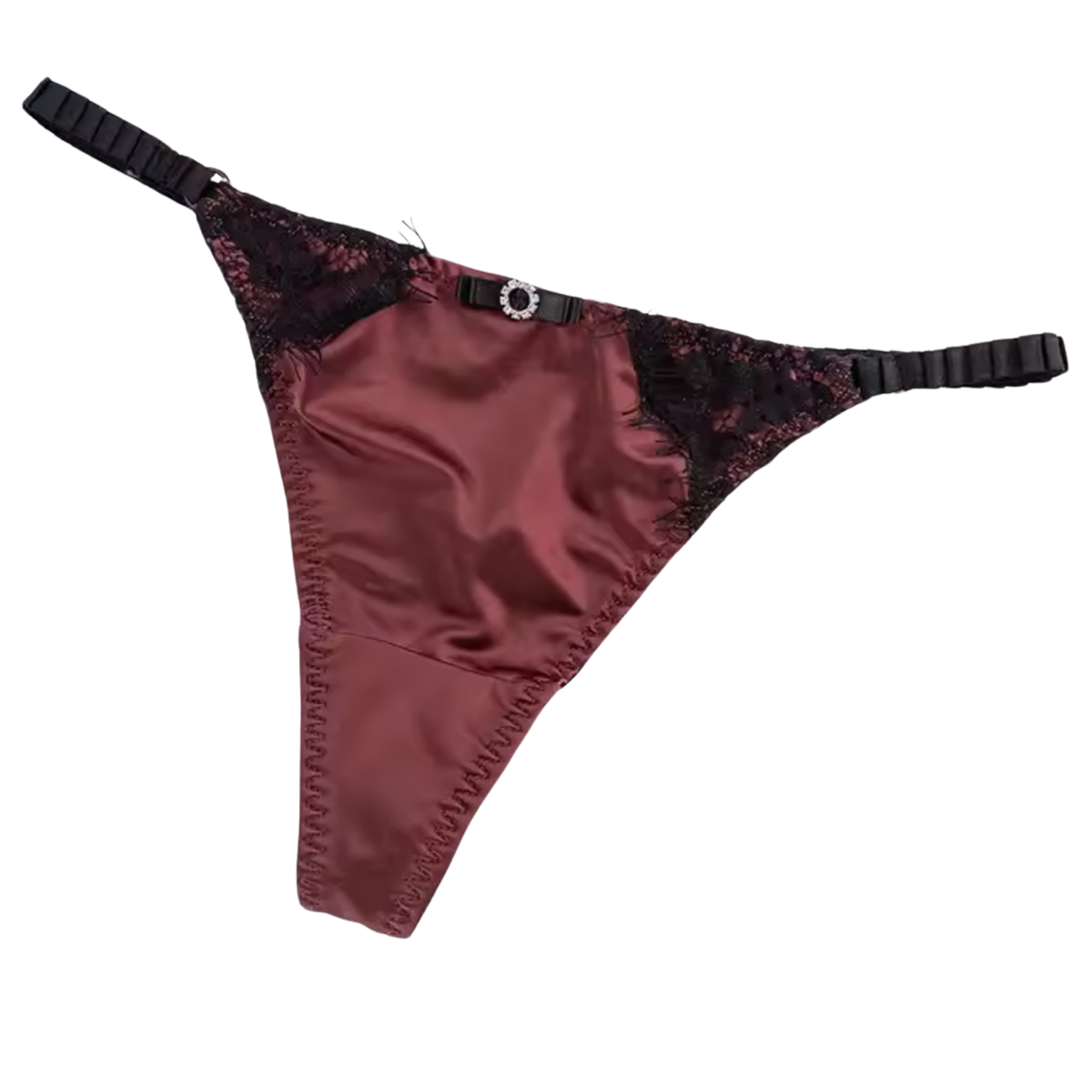 Satijnen Dames String – Bordeaux Rood - Glanzend Satijn & Zacht Kant – Zwart Kant - Sexy Lingerie Voor Vrouwen - Comfortabel Ondergoed - Slips / Onderbroeken - One Size