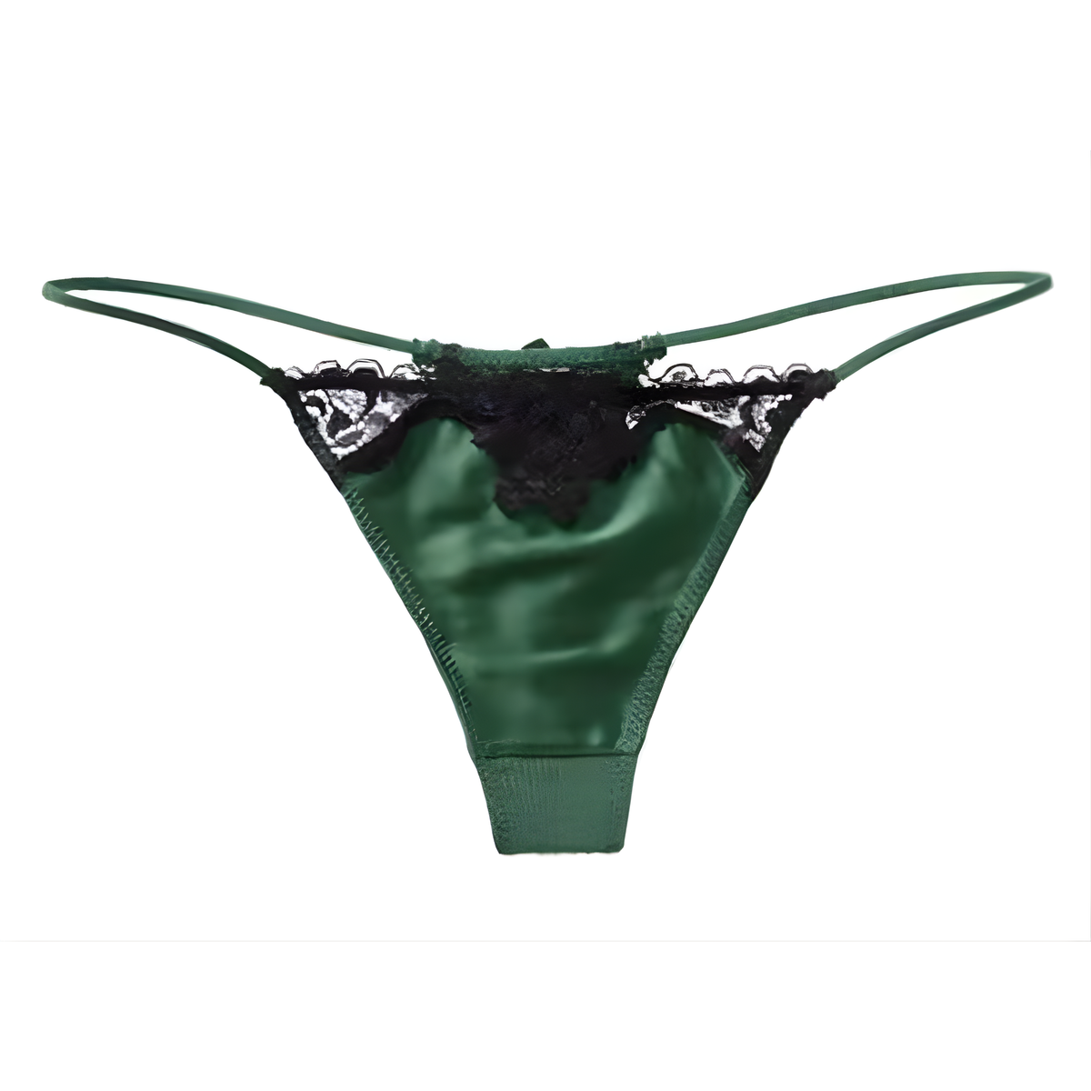 Sexy Dames String – Donker Groen - Satijn & Zwart Kant - Dunne Bandjes – Lingerie Voor Vrouwen - Comfortabel Ondergoed - Slip / Onderbroek - Maat S