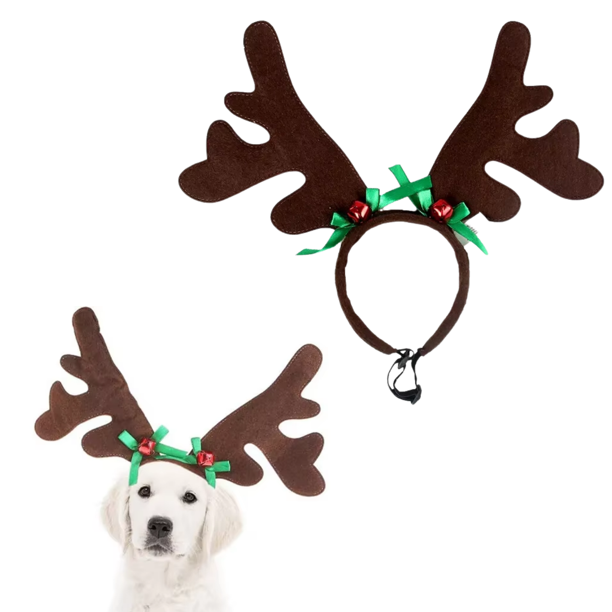 Kerst Gewei voor Honden - Verstelbaar Rendiergewei - Bruin Gewei met Rode Bellen en Groene Strikjes - Voor Kleine en Grote Honden - Hondenkleding Kerst - One Size