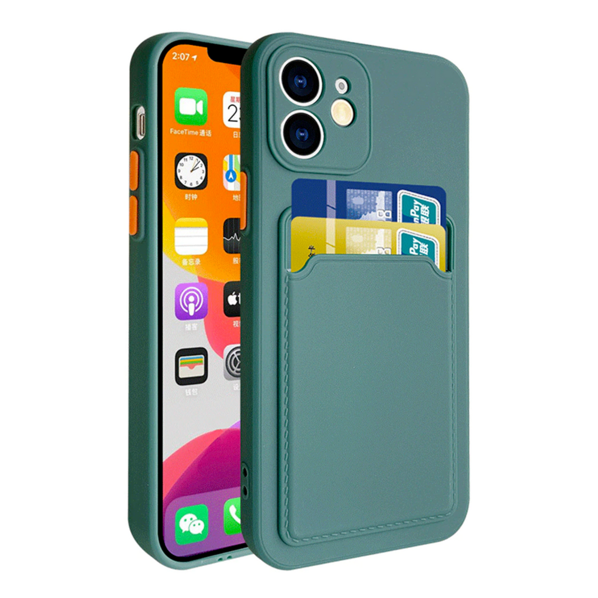 Stevig TPU Hoesje - Geschikt voor Apple iPhone 15 Plus / 15+ - Met Kaarthouder - Donkergroen - Shockproof Case met Pasjeshouder - TPU Hoes Met Vakje Voor Pasje - Card Case Back Cover