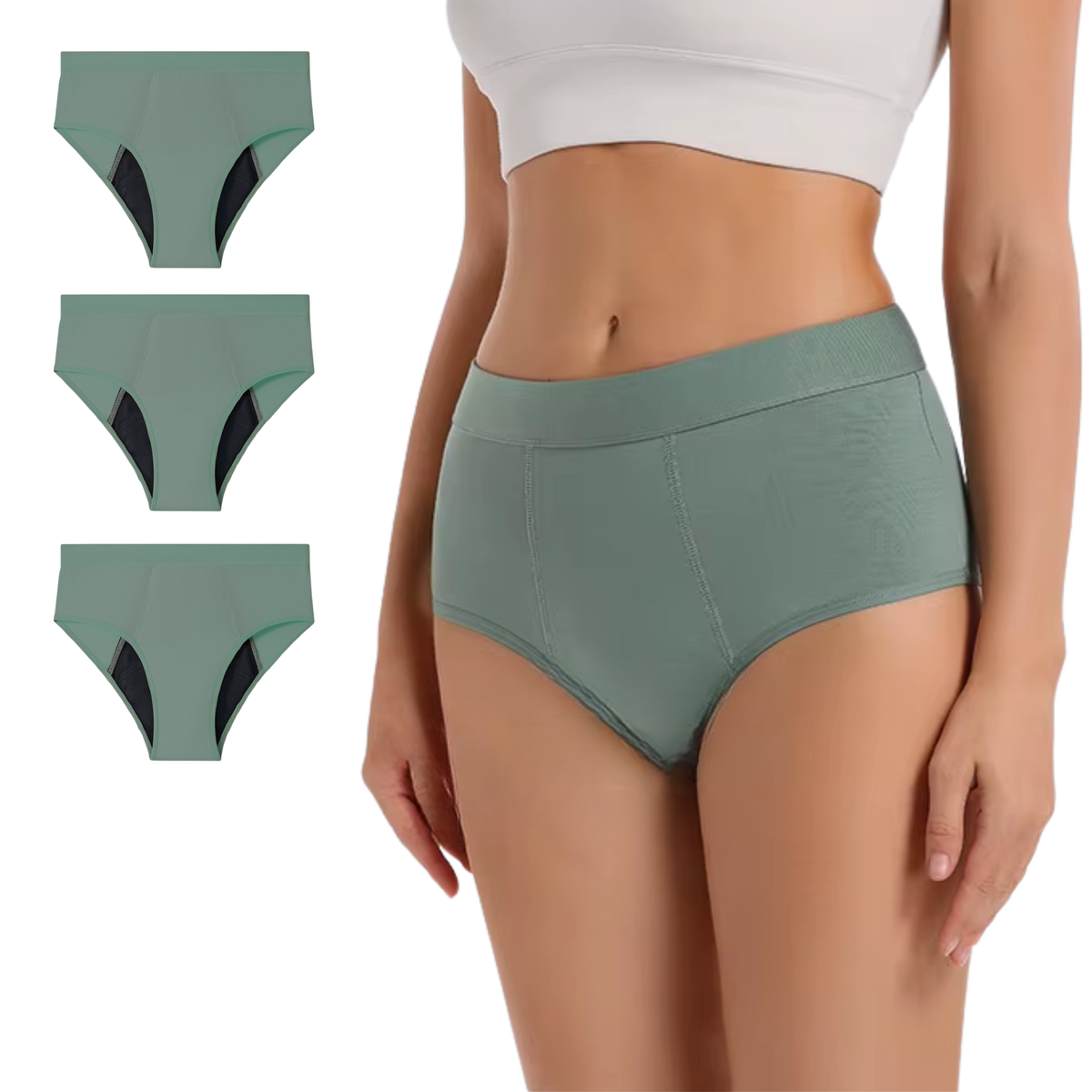 3 Pack - Menstruatie Ondergoed - Groen - Dames Slips - Comfortabel & Absorberend - Onderbroek 95% Katoen - Dames Lingerie / Ondergoed Set - Maat L