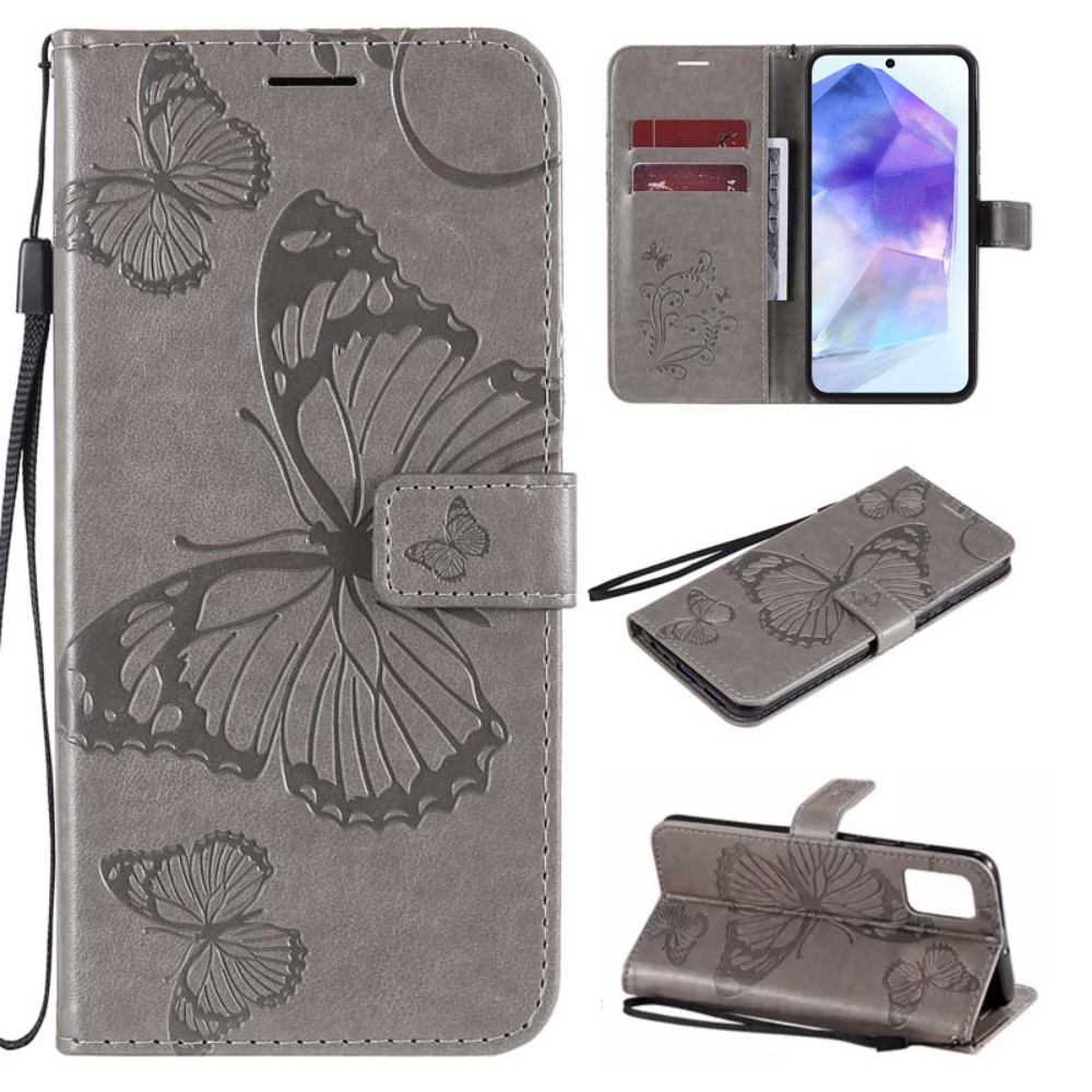 Hoesje Vlinders Grijs - Geschikt voor Samsung Galaxy A55 - Portemonnee Book Case - Boekje Met Kaarthouder / Pasjeshouder en Magneetsluiting - Booklet Beschermhoes - Boekhoesje met Draagkoord