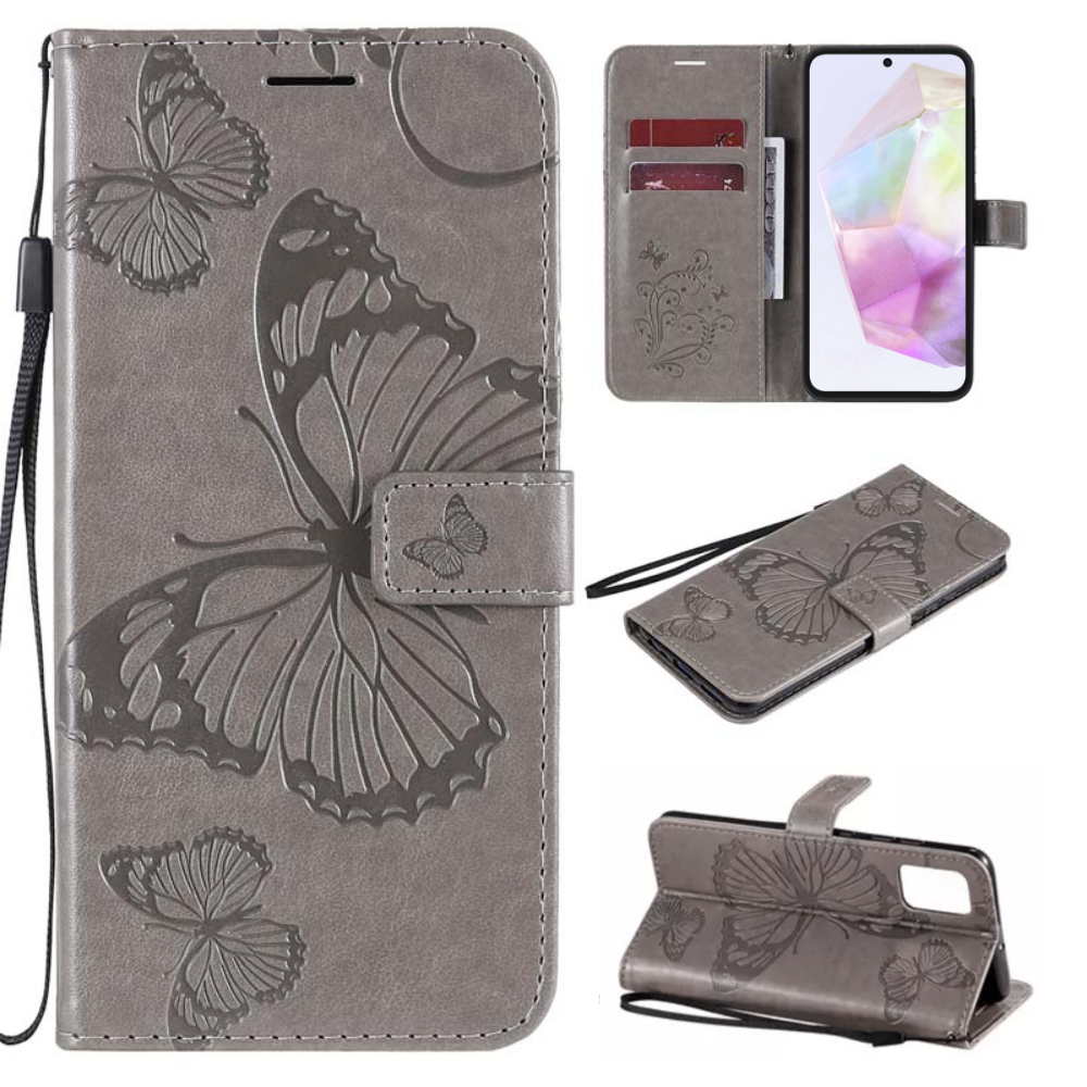 Hoesje Vlinders Grijs - Geschikt voor Samsung Galaxy A35 - Portemonnee Book Case - Boekje Met Kaarthouder / Pasjeshouder en Magneetsluiting - Booklet Beschermhoes - Boekhoesje met Draagkoord