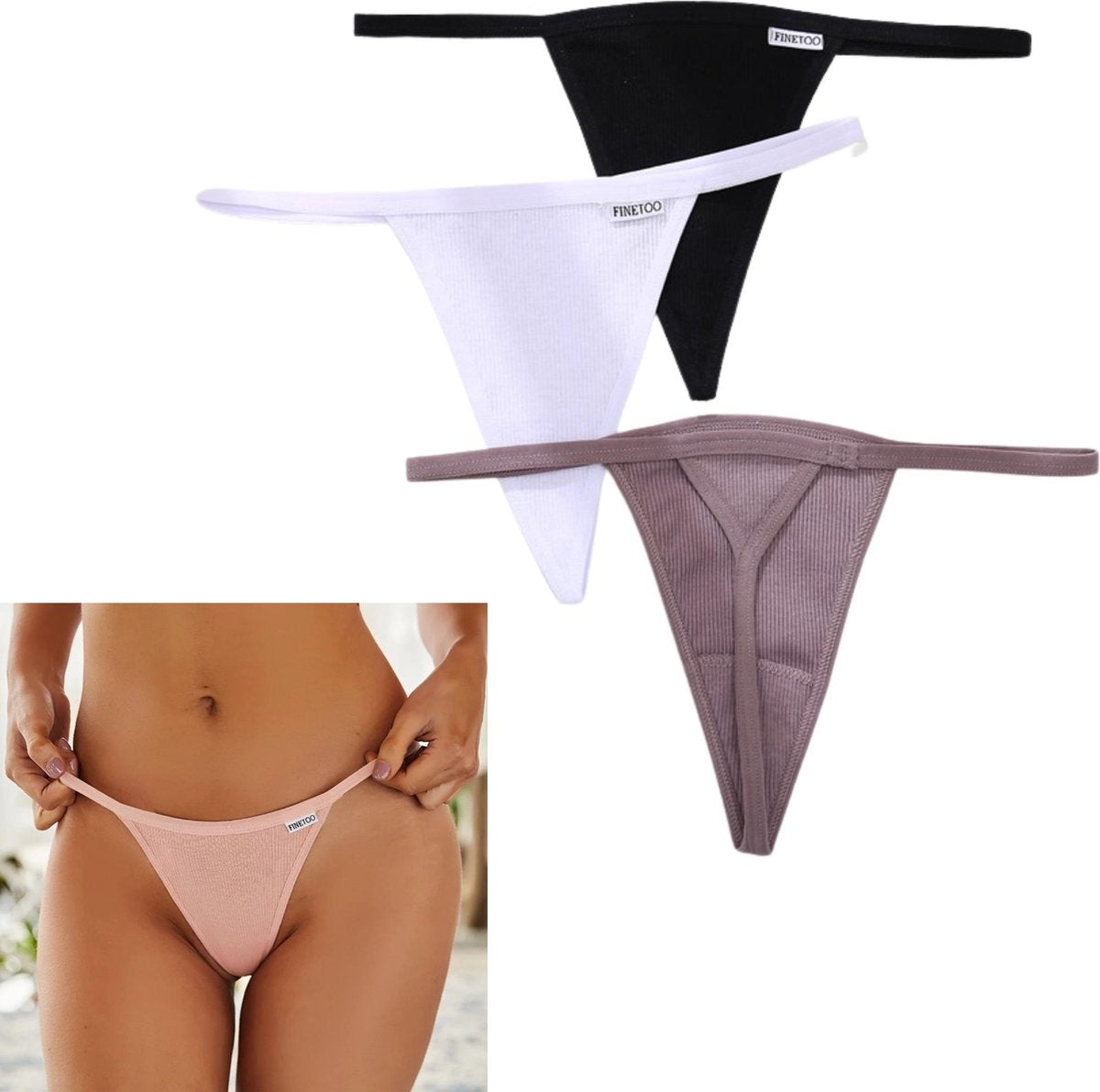 Luxe Dames String - 3 Pack Nude, Zwart & Wit - Dames Lingerie / Ondergoed Set - Maat M