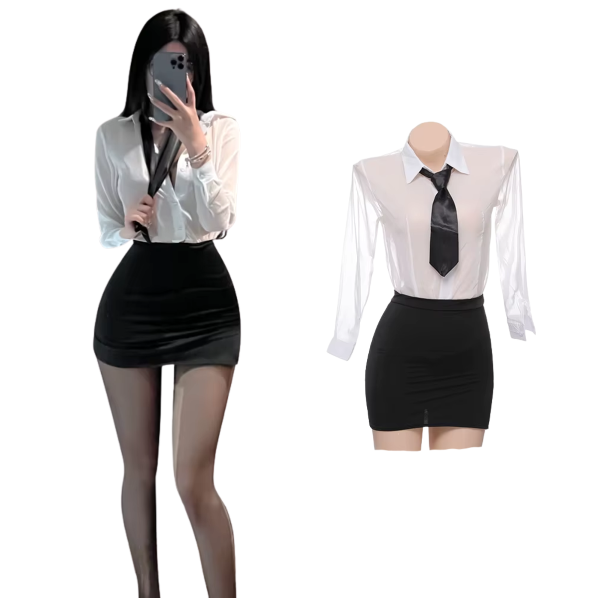 Sexy Secretaresse Kostuum - 4-delig Zwart-Wit Verkleedpakje - Blouse, Stropdas, Rok en String - Secretaresse / CEO / Baas / Docent / Lerares - Rollenspel / Cosplay - Lingerie Ondergoed voor Dames - Maat S/M
