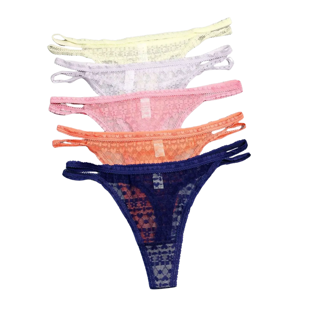 5 Pack Transparante Strings Van Kant – Sexy Kanten Dames Ondergoed - Geel, Lila, Roze, Oranje en Blauw - Transparant, Comfortabel en Sexy - Onderbroeken / Slips Voor Vrouwen - Maat XL