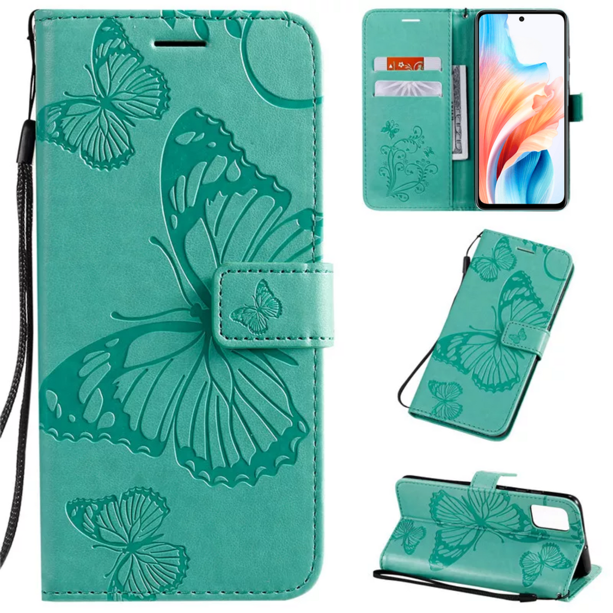 Hoesje Vlinders Groen geschikt voor OPPO A79 5G - Portemonnee Book Case - Boekje Met Kaarthouder / Pasjeshouder en Magneetsluiting - Booklet - Wallet Beschermhoes - Telefoonhoesje