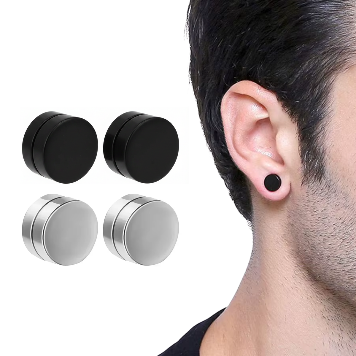 Magnetische Fake Piercing Set - 4 Nep Tunnel Piercings - Zilver & Zwart - Stainless Steel - Lippiercing / Oorpiercing / Wangpiercing - Nep Piercing Magnetische Plaatjes - Oorbel - Verkleedaccessoires - 6mm