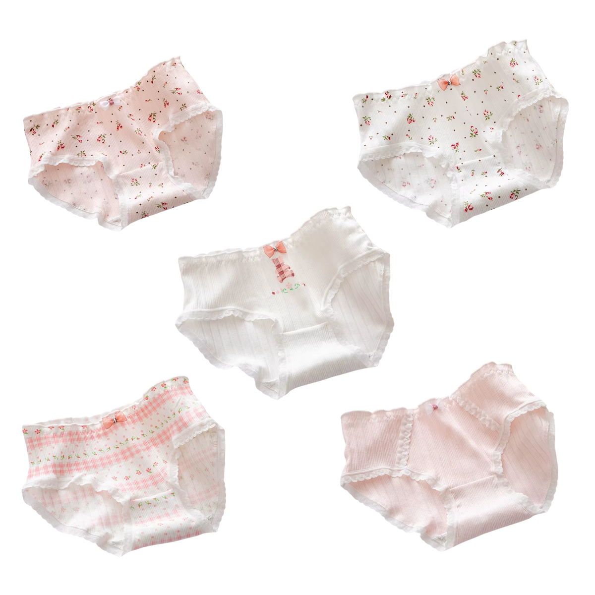 5 Pack - Schattige Dames Slip - Roze & Wit - Bloemetjes en Teddybeer Design - Kant met Strikje - Kawaii - Onderbroek 95% Katoen - Cute Dames Lingerie / Ondergoed Set - Maat XL