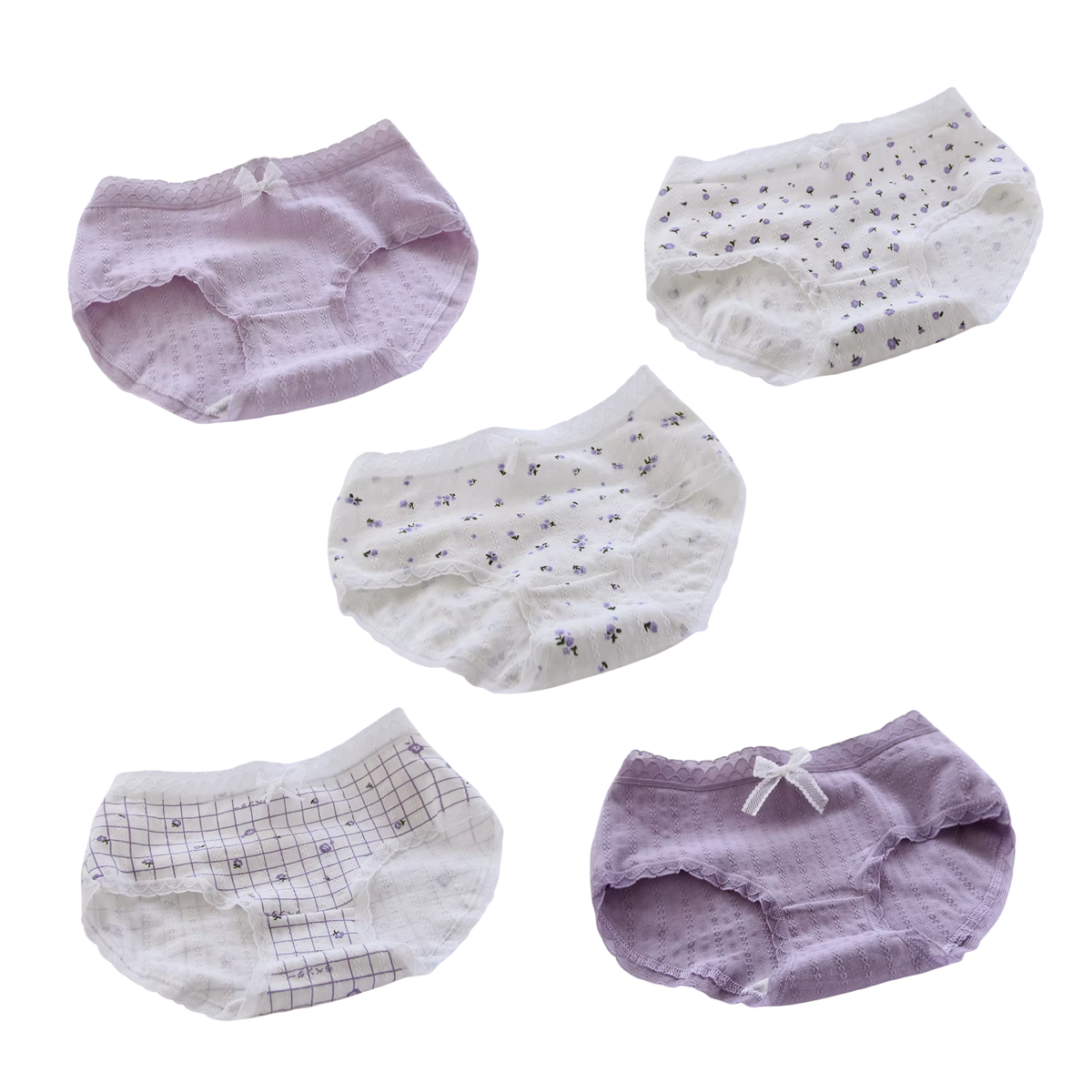 5 Pack - Schattige Dames Slip - Paars & Wit - Bloemetjes Design - Kant met Strikje - Kawaii - Onderbroek 95% Katoen - Cute Dames Lingerie / Ondergoed Set - Maat M