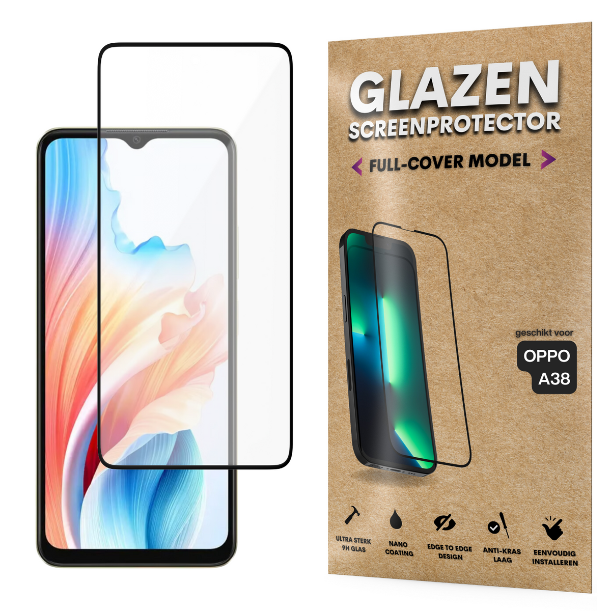 Screenprotector - Geschikt voor OPPO A38 - Gehard Glas - Full Cover Tempered Glass - Case Friendly