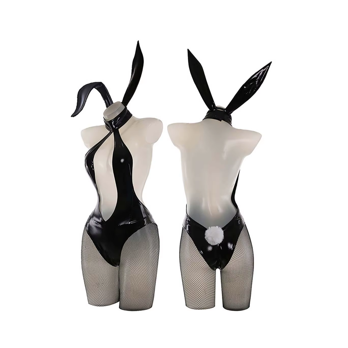 Sexy Bunny Pakje - 6 Delig Konijnen Kostuum Rollenspel - Cosplay & Roleplay - Anime - Latex-look - Body, Haarband, Handschoenen, Panty, Staart en Masker - Zwart - One Size