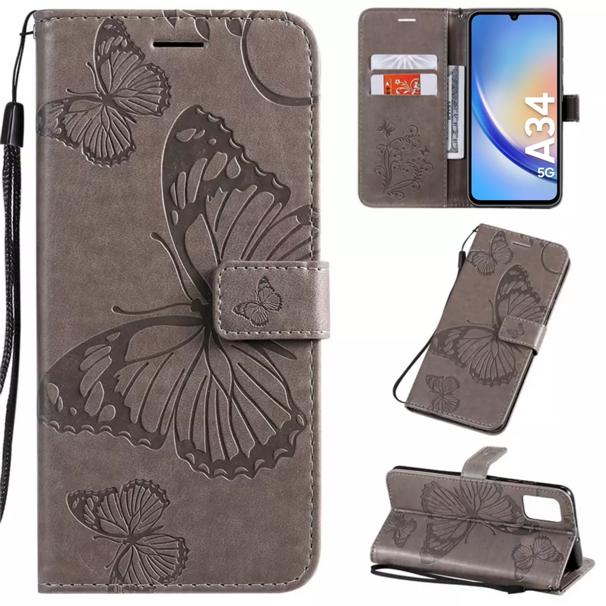 Hoesje Vlinders Grijs - Geschikt voor Samsung Galaxy A34 5G - Portemonnee Book Case - Boekje Met Kaarthouder / Pasjeshouder en Magneetsluiting - Booklet Beschermhoes