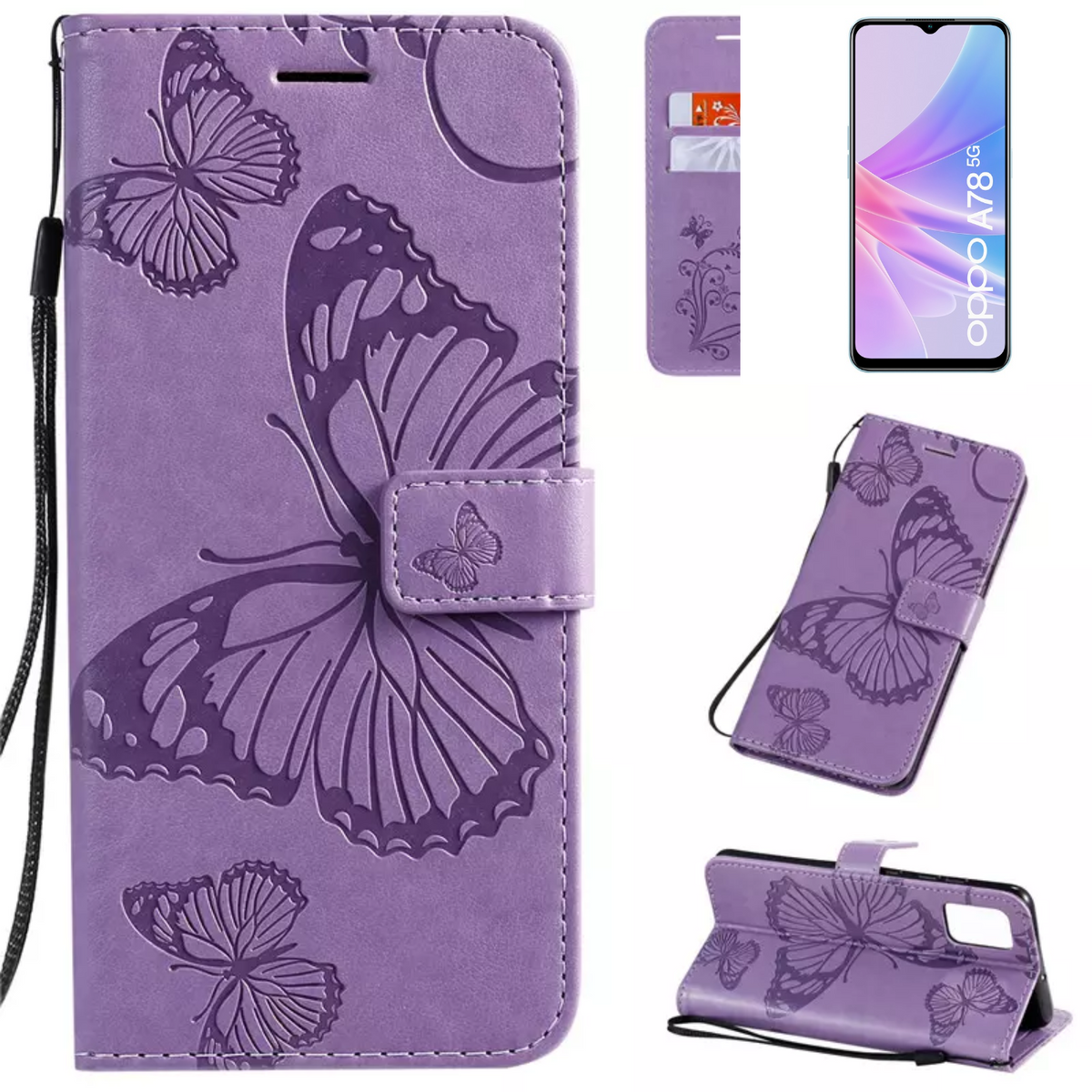 Hoesje Vlinders Paars - Geschikt voor OPPO A78 5G - Portemonnee Book Case - Boekje Met Kaarthouder / Pasjeshouder en Magneetsluiting - Booklet Beschermhoes - Boekhoesje met Draagkoord