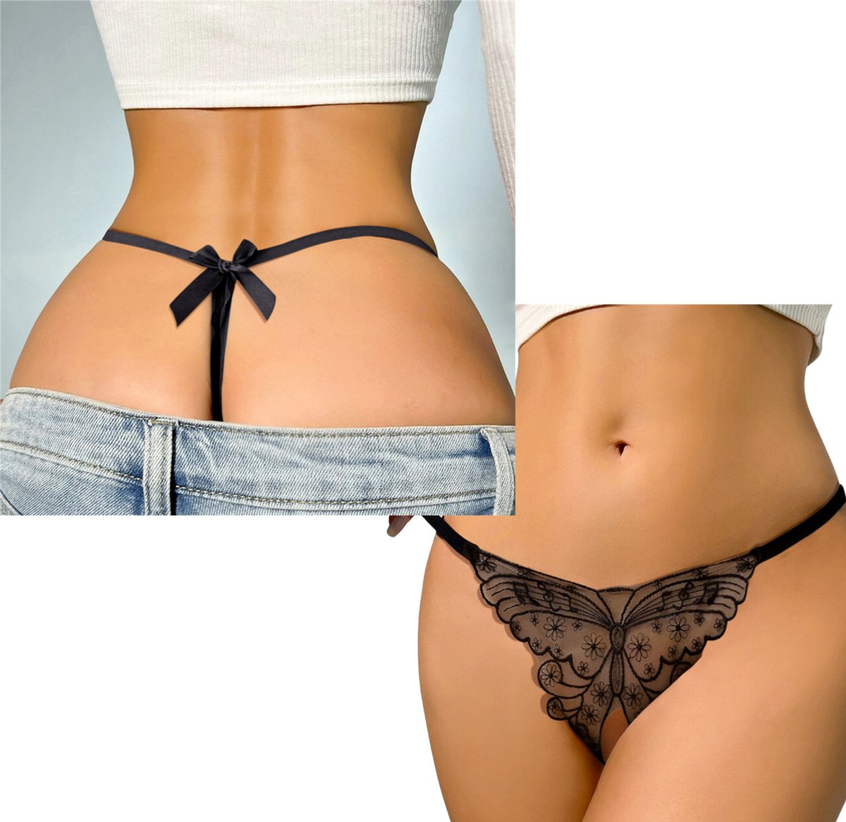 Sexy G-String met Vlinder - Open Kruis - Zwart - Erotisch Design met Kant - Dames String - Lingerie / Ondergoed - Maat L